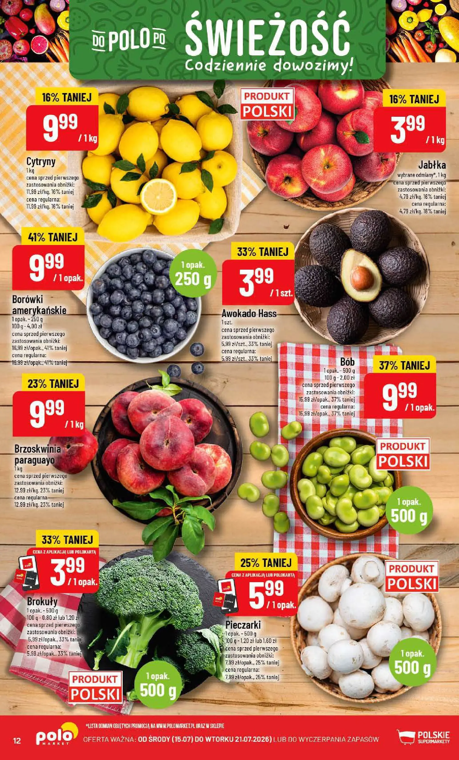 Nowa POLOmarket gazetka od jutra 15.07.2026 | Strona: 12 | Produkty: Brzoskwinia, Pieczarki, Cytryny, Awokado