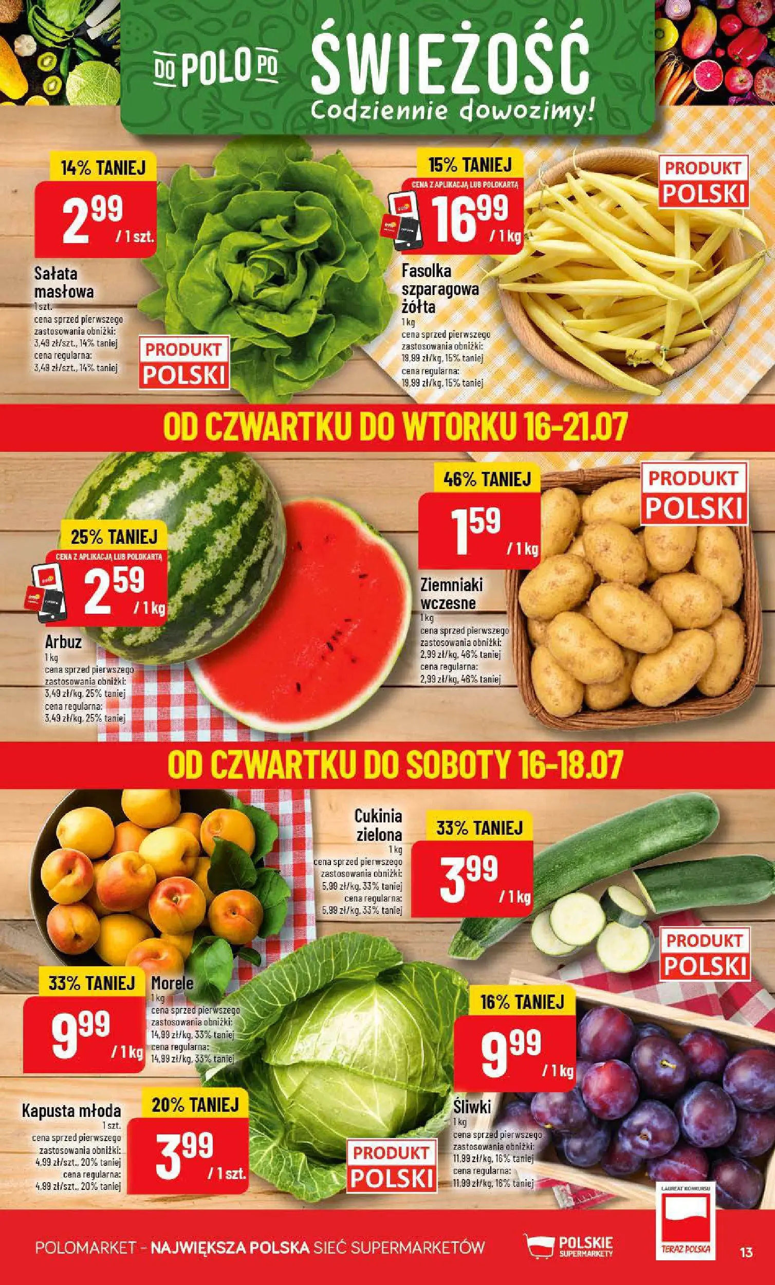 Nowa POLOmarket gazetka od jutra 15.07.2026 | Strona: 13 | Produkty: Kapusta, Arbuz, Morele, Śliwki