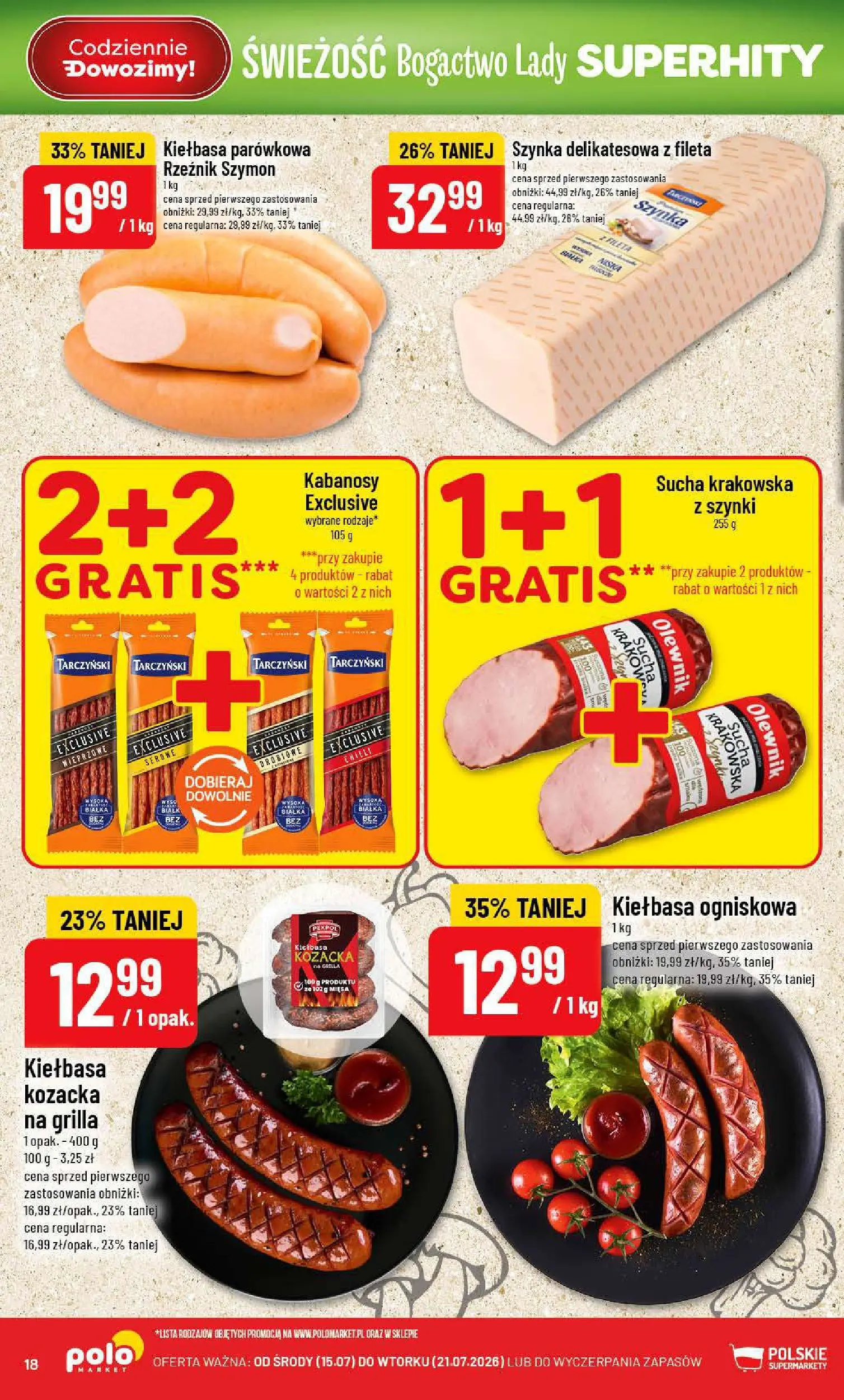 Nowa POLOmarket gazetka od jutra 15.07.2026 | Strona: 18 | Produkty: Kiełbasa, Kabanosy, Szynka, Paella