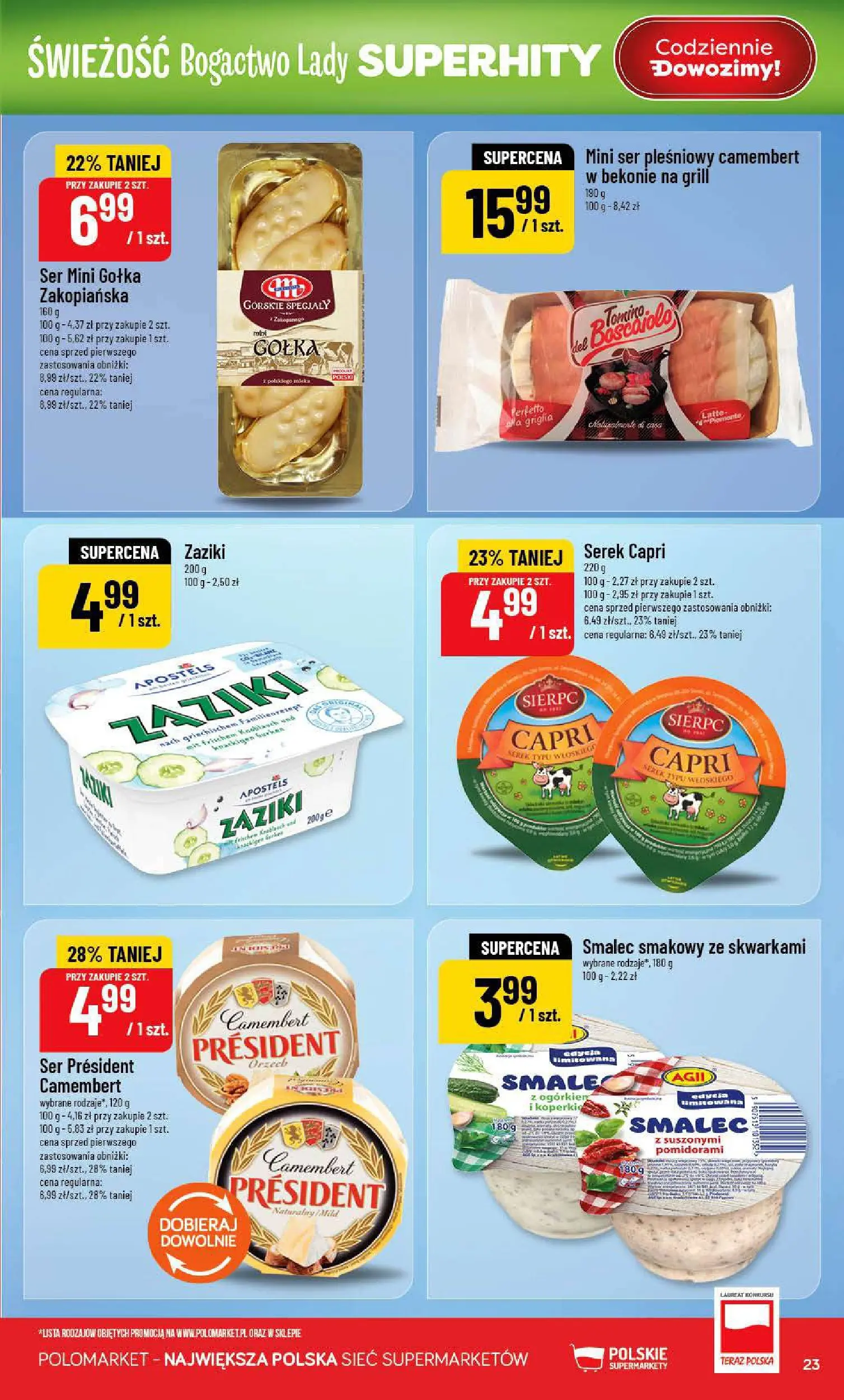 Nowa POLOmarket gazetka od jutra 15.07.2026 | Strona: 23 | Produkty: Ser pleśniowy, Serek, Camembert, Ser