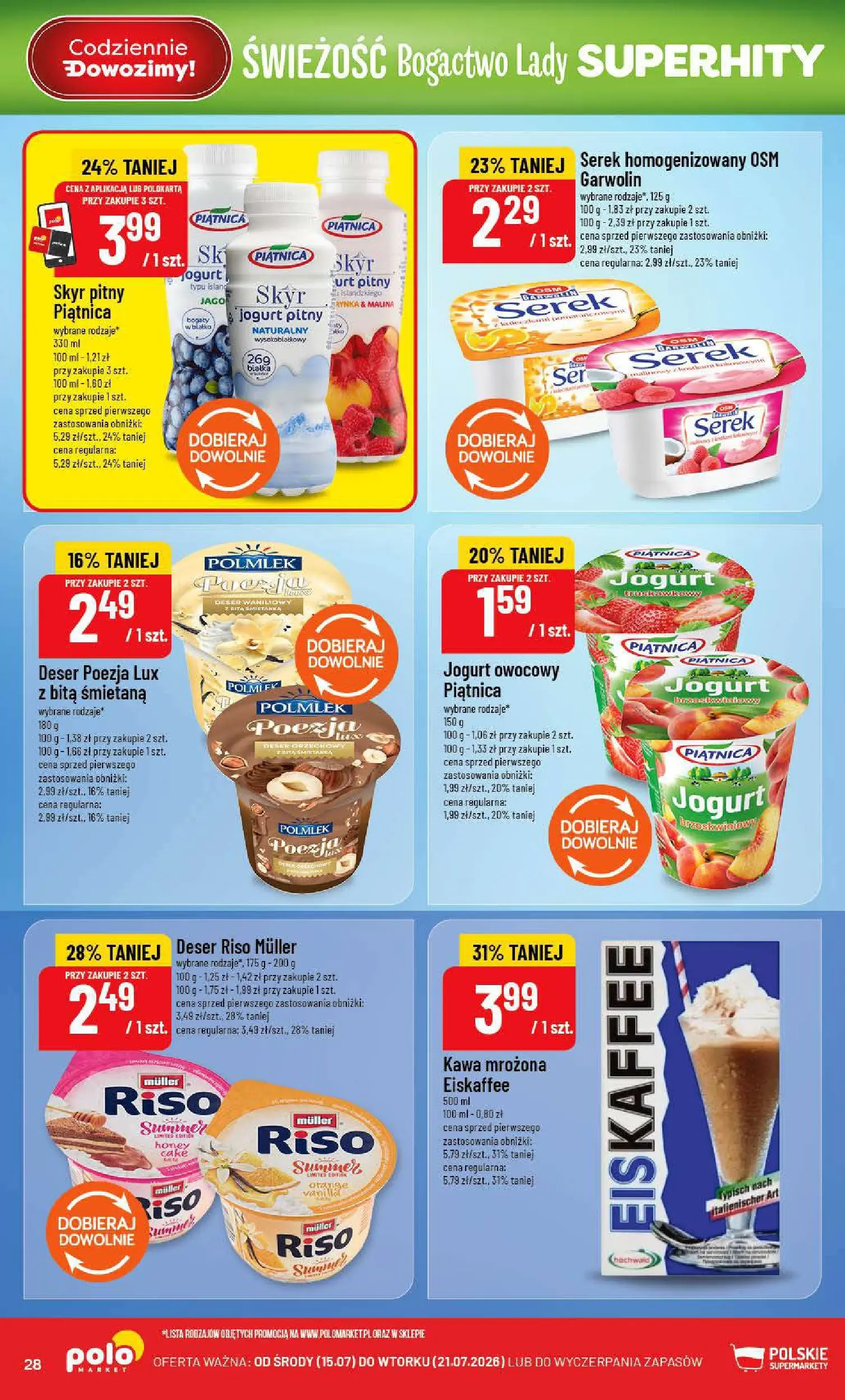 Nowa POLOmarket gazetka od jutra 15.07.2026 | Strona: 28 | Produkty: Kawa mrozona, Jogurt owocowy, Kawa, Skyr