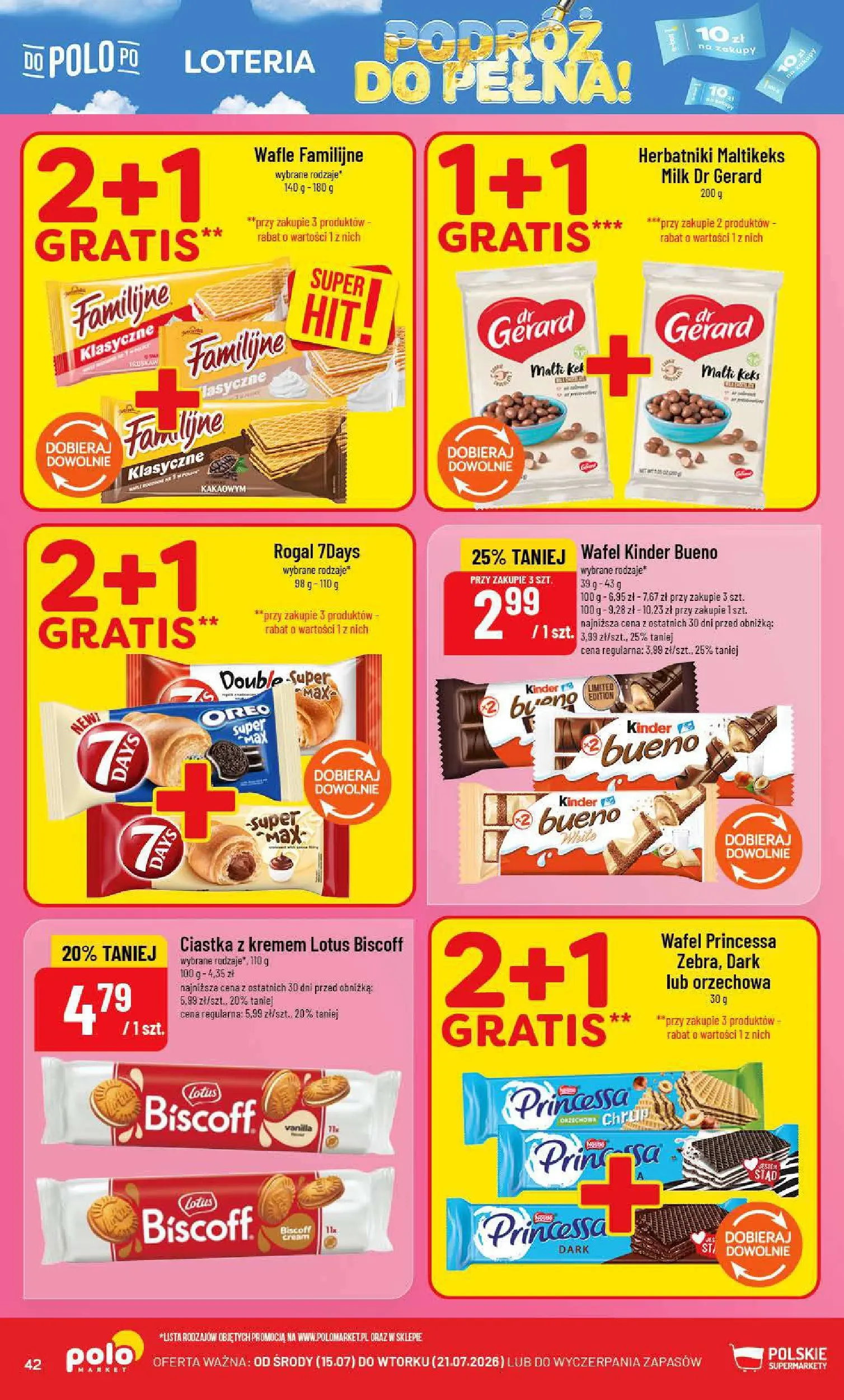 Nowa POLOmarket gazetka od jutra 15.07.2026 | Strona: 42 | Produkty: Wafle, Kinder Bueno, Herbatniki, Ciastka