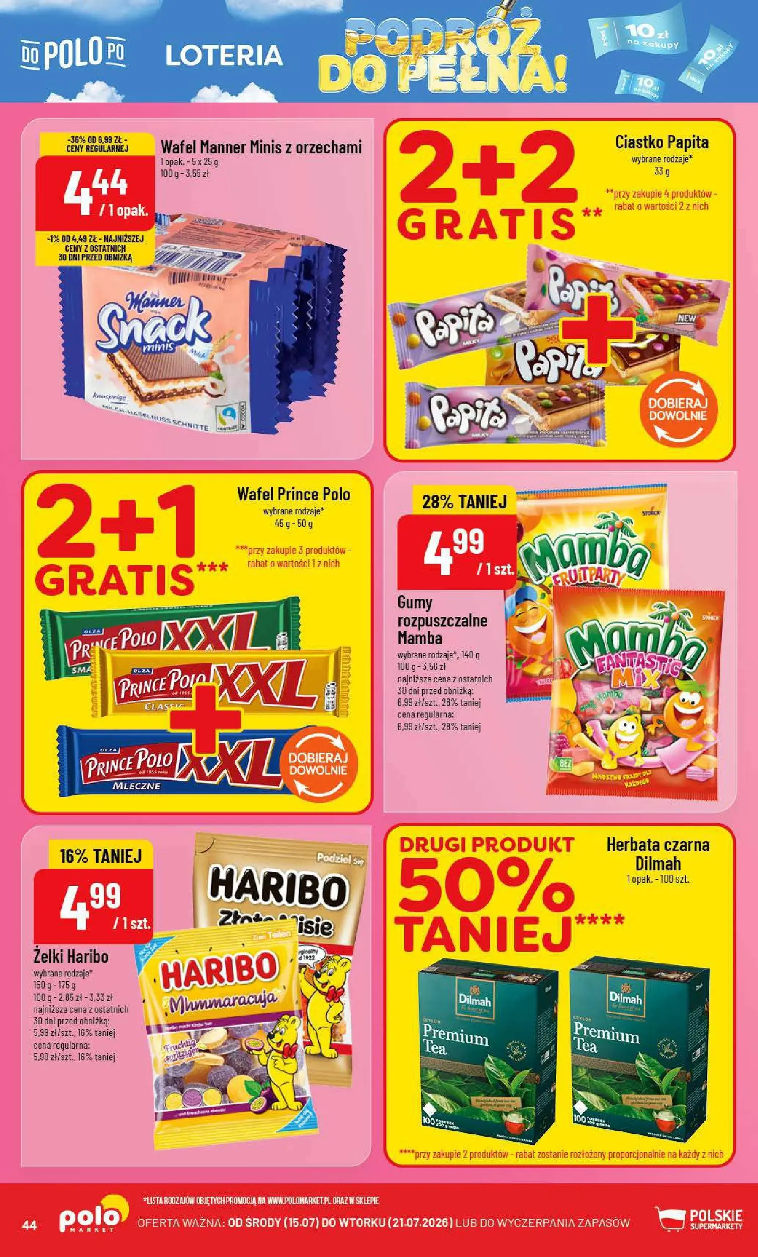 Nowa POLOmarket gazetka od jutra 15.07.2026 | Strona: 44 | Produkty: Żelki haribo, Gumy, Żelki, Herbata