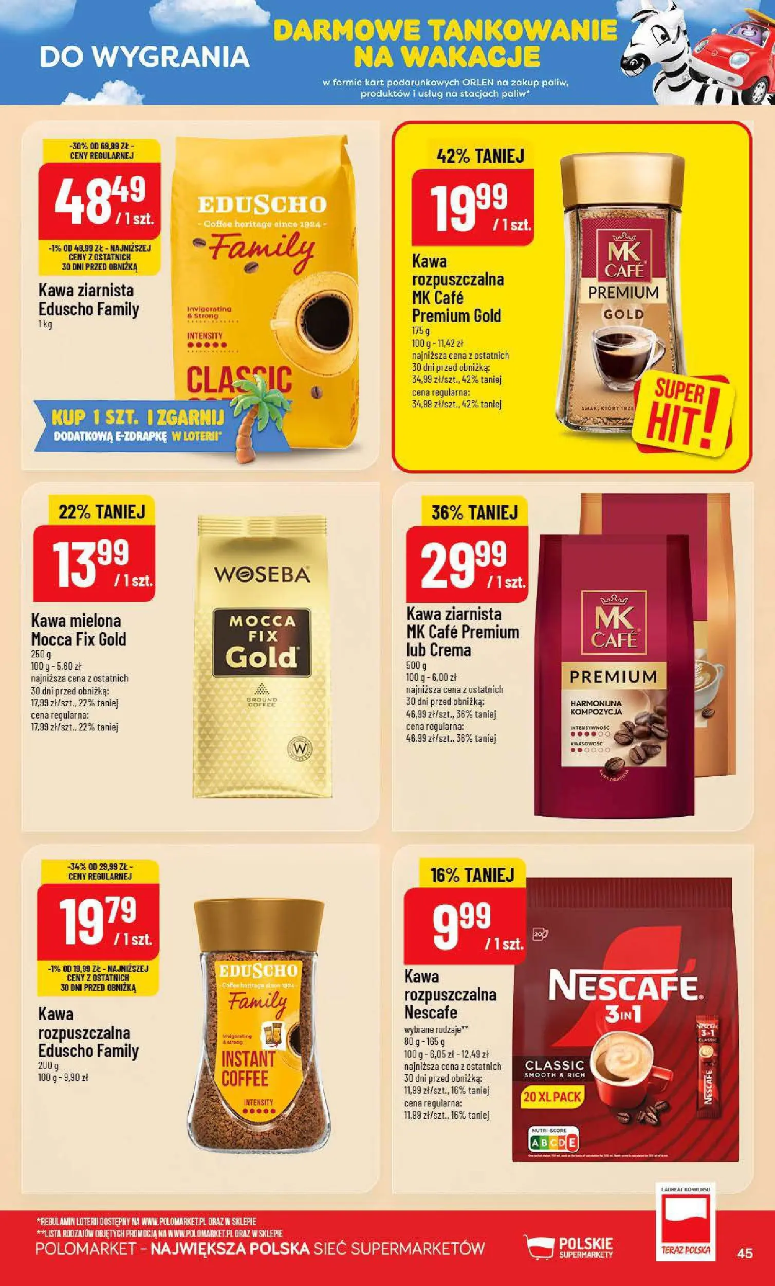 Nowa POLOmarket gazetka od jutra 15.07.2026 | Strona: 45 | Produkty: Nescafe, Kawa ziarnista, Kawa