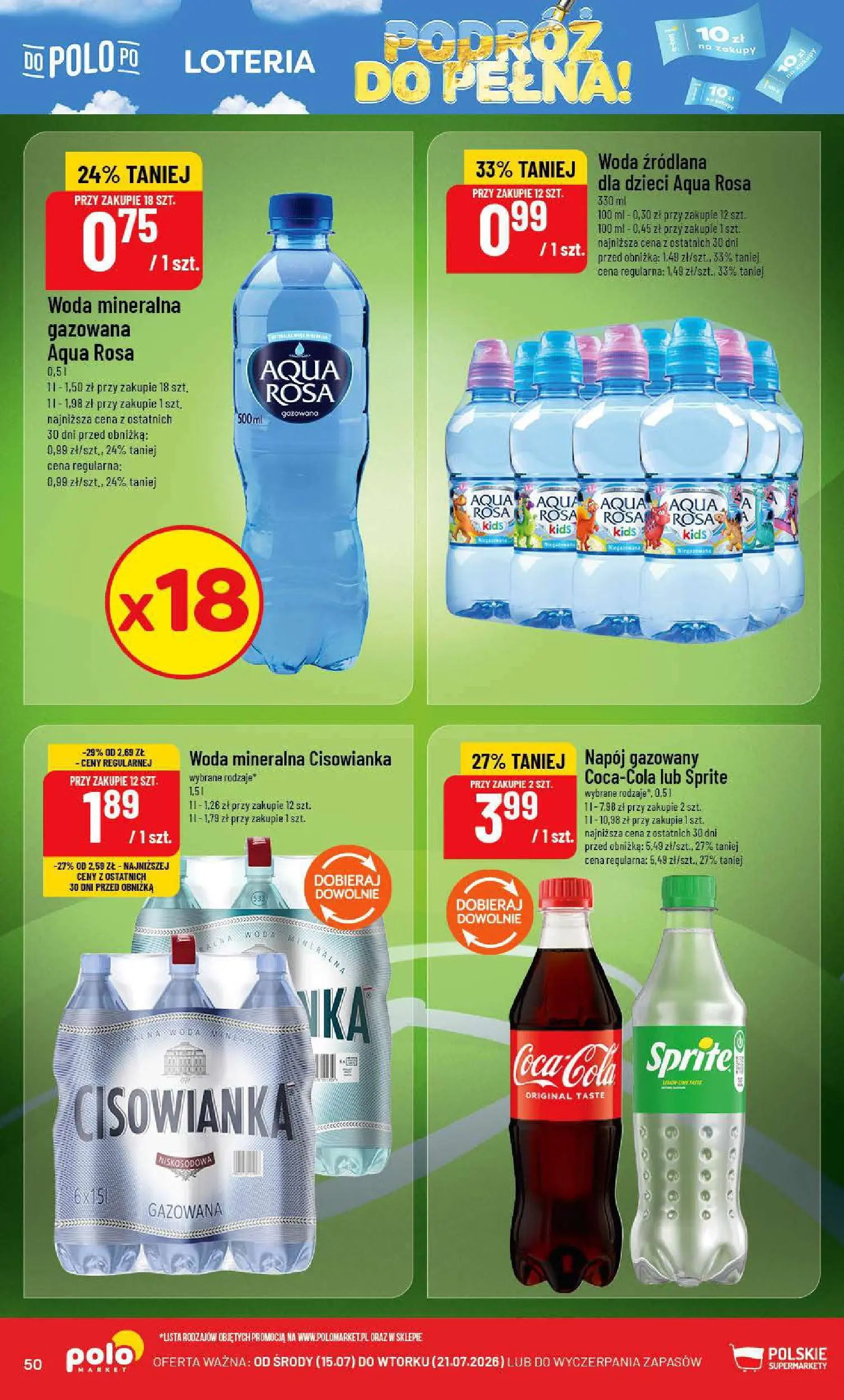 Nowa POLOmarket gazetka od jutra 15.07.2026 | Strona: 50 | Produkty: Woda źródlana, Sprite, Woda