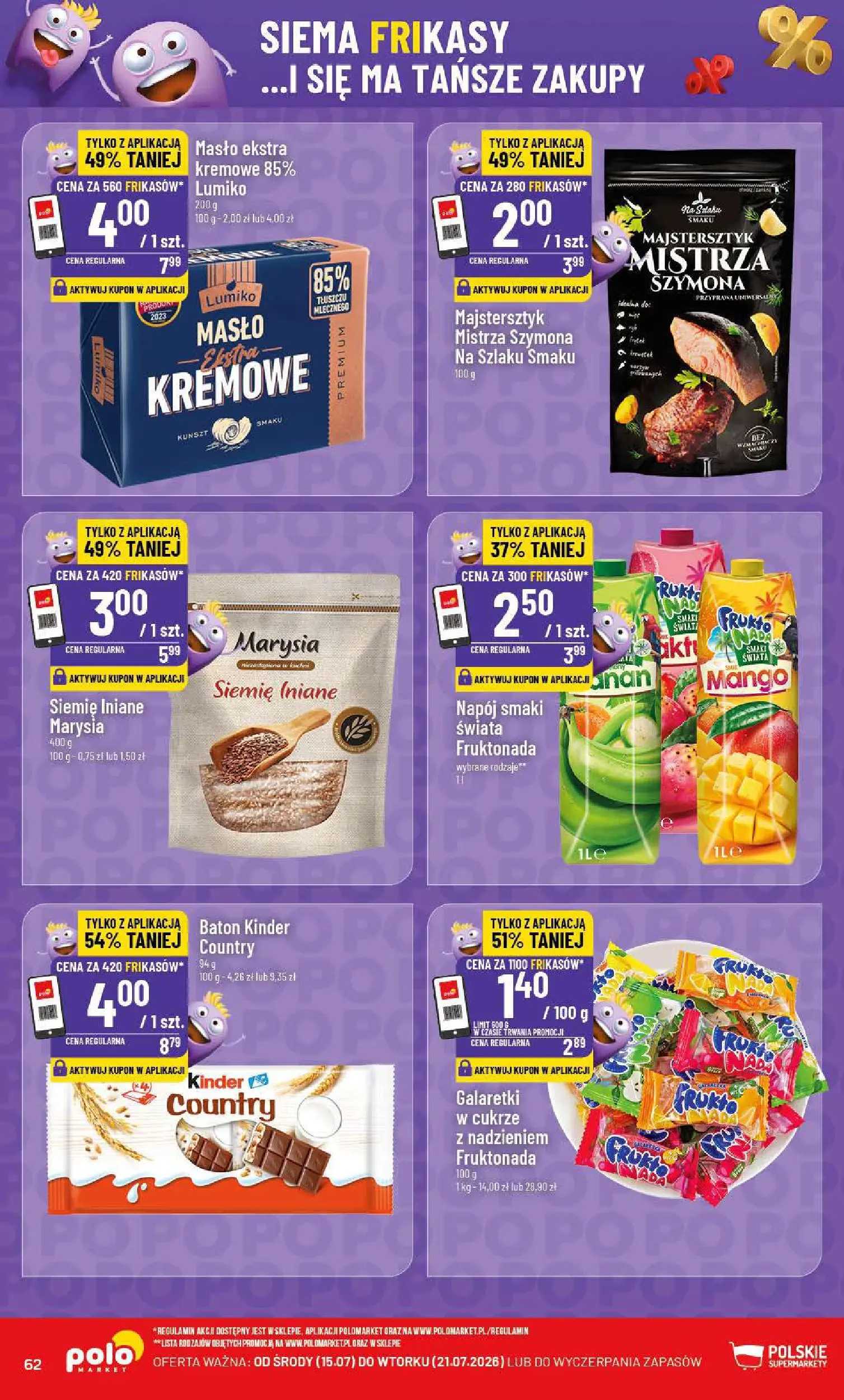 Nowa POLOmarket gazetka od jutra 15.07.2026 | Strona: 62 | Produkty: Mango, Galaretki, Baton, Masło
