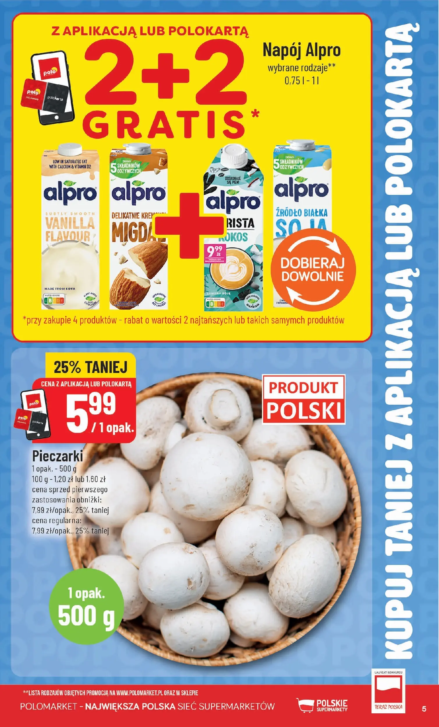 Nowa POLOmarket gazetka od jutra 15.07.2026 | Strona: 5 | Produkty: Pieczarki, Alpro