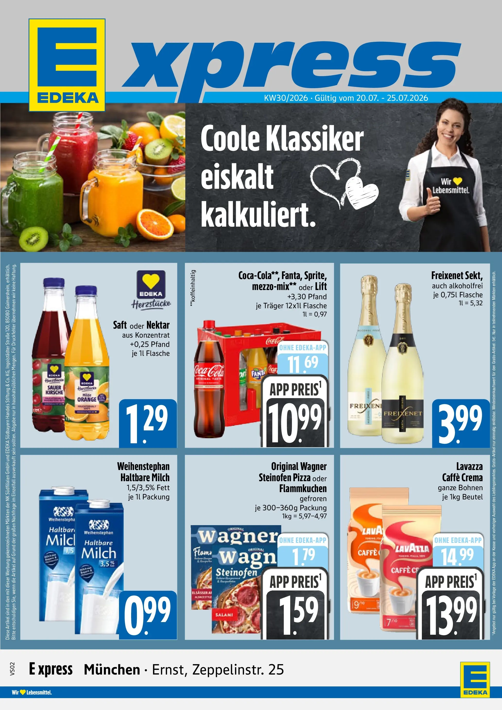 Angebote - E xpress: Wochenangebote (ab 20.07.2026) zum Blättern | Seite: 1 | Produkte: Milch, Salami, Pizza, Saft