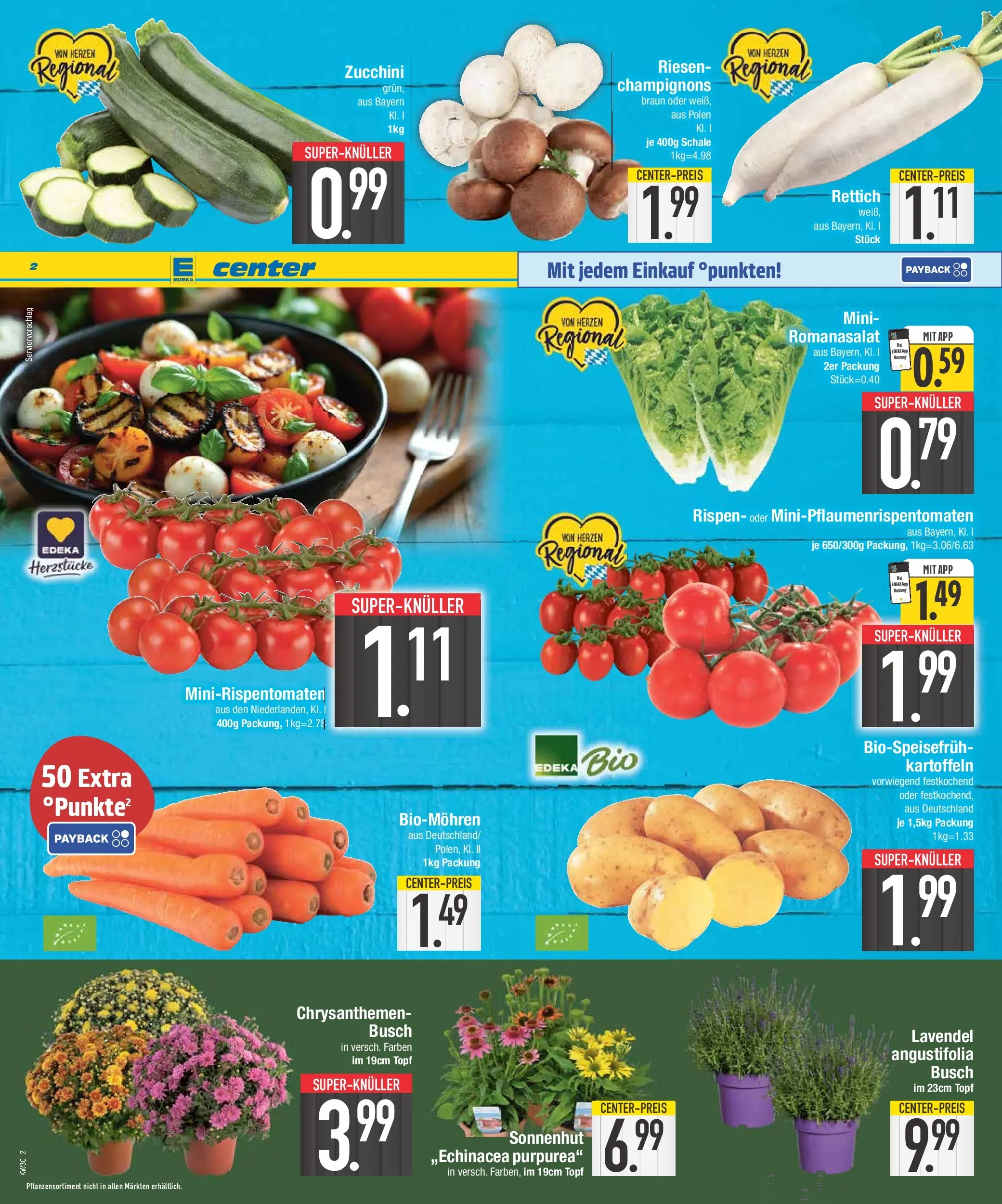 E center Prospekt Bad Reichenhall (ab 20.07.2026) zum Blättern | Seite: 2 | Produkte: Champignons, Kartoffeln, Zucchini, Lavendel