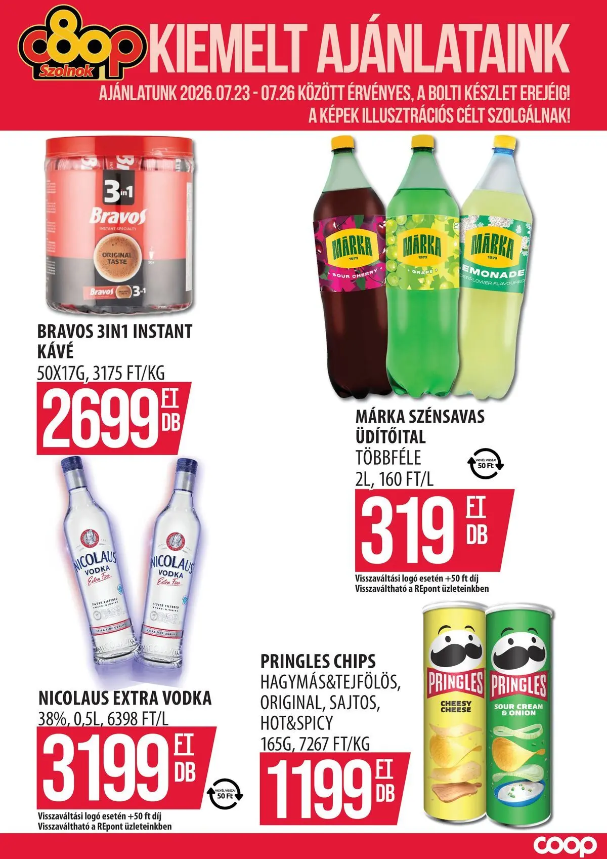 COOP Szolnok akciós újság Szolnok - 2026.07.23. -tól/töl > akció, lapozható szórólap 🛍️ | Oldal: 1 | Termékek: Chips, Kávé, Vodka, Instant kávé