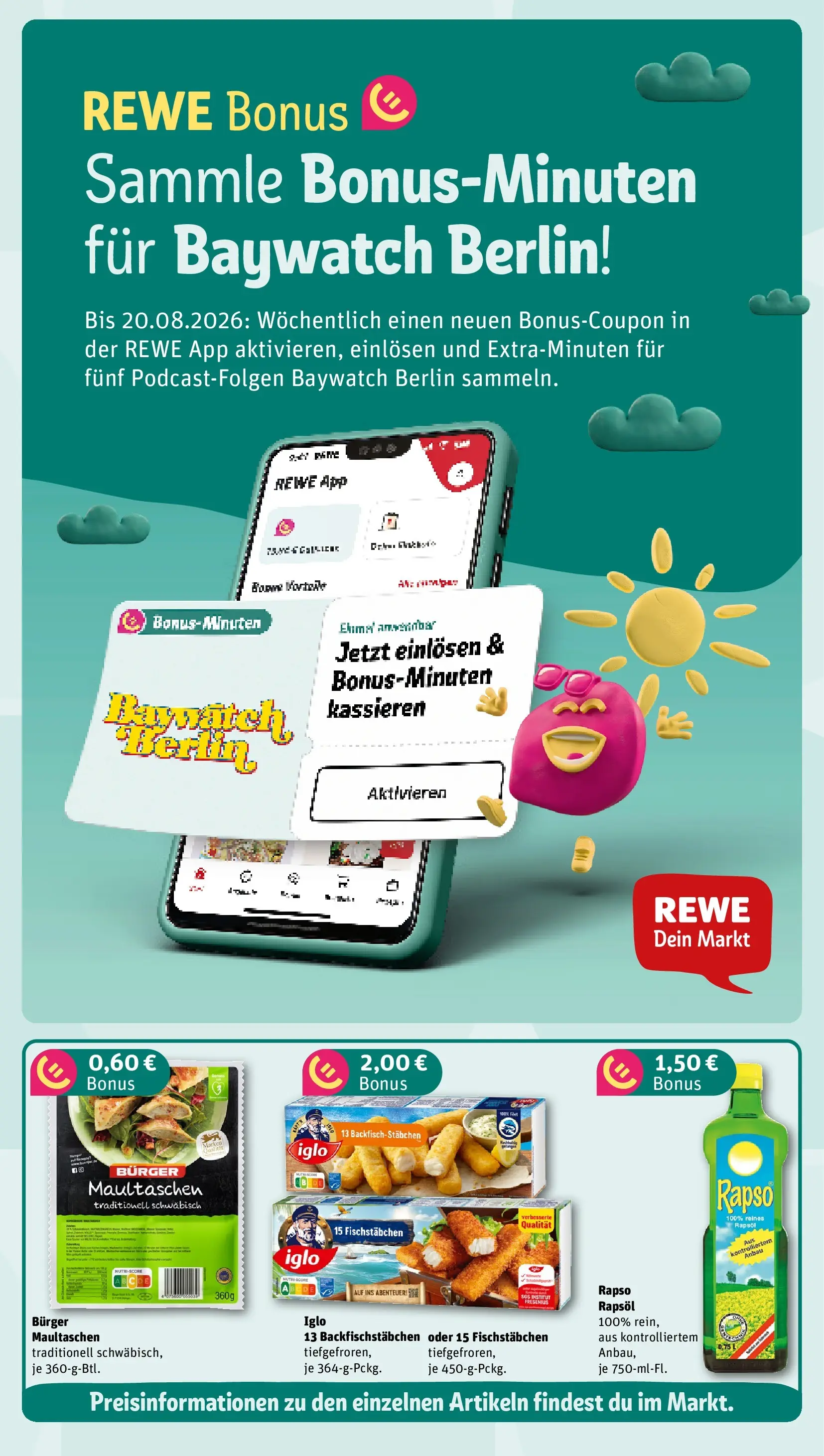 REWE Prospekt ab 20.07.2026 zum Blättern » Angebote | Seite: 3 | Produkte: Rapsöl, Burger, Fischstabchen, Maultaschen