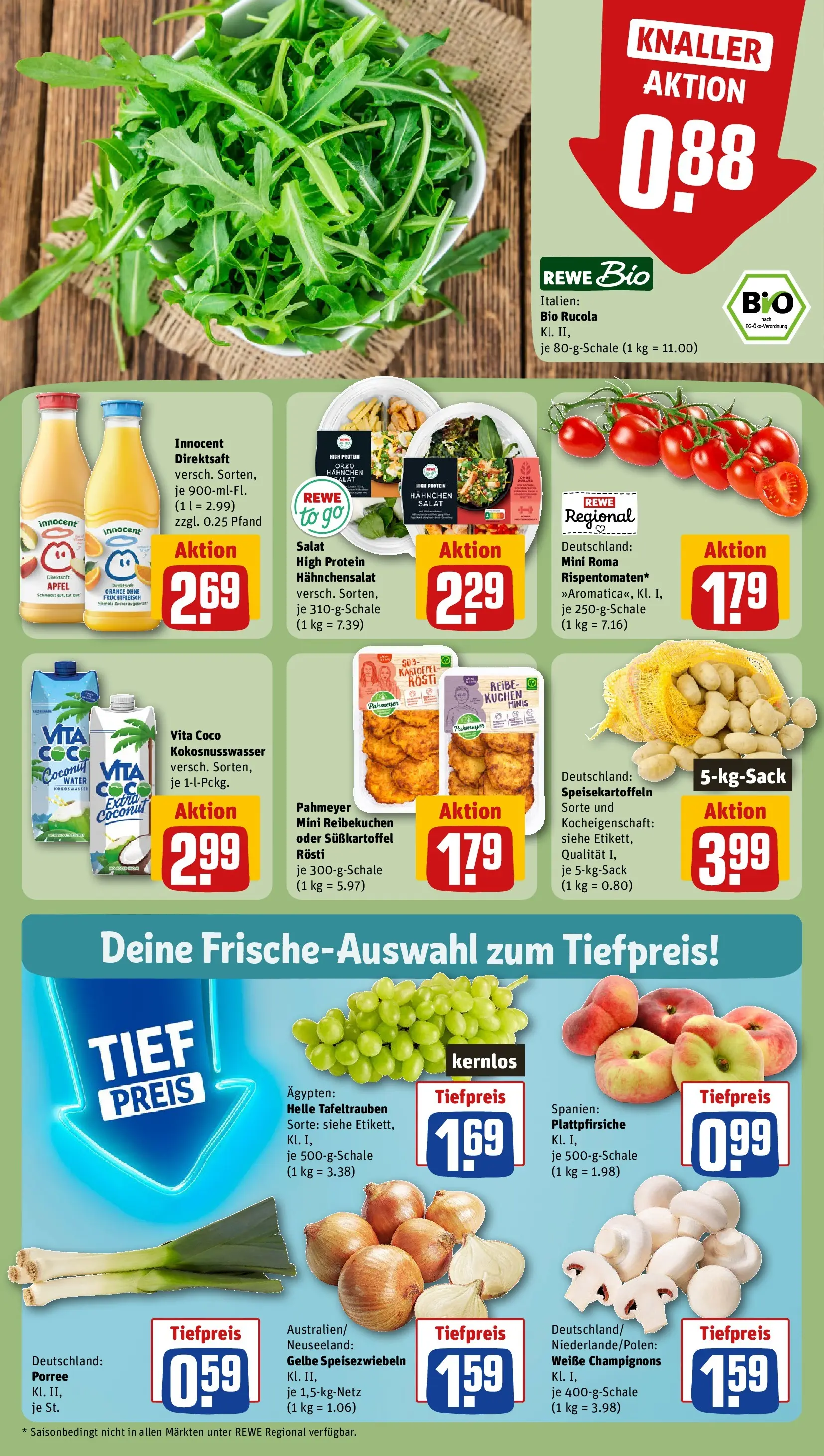 REWE Prospekt ab 20.07.2026 zum Blättern » Angebote | Seite: 8 | Produkte: Hahnchen, Rucola, Äpfel, Champignons