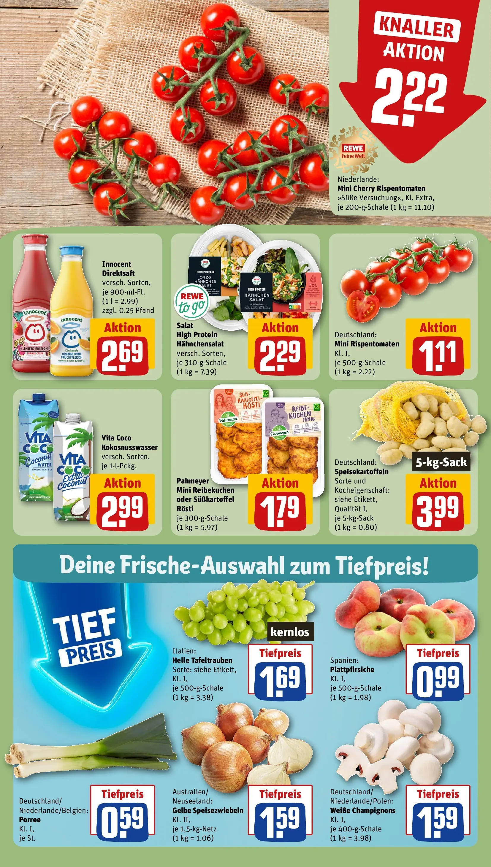 REWE Prospekt ab 20.07.2026 zum Blättern » Angebote | Seite: 8 | Produkte: Hahnchen, Champignons, Kuchen, Salat
