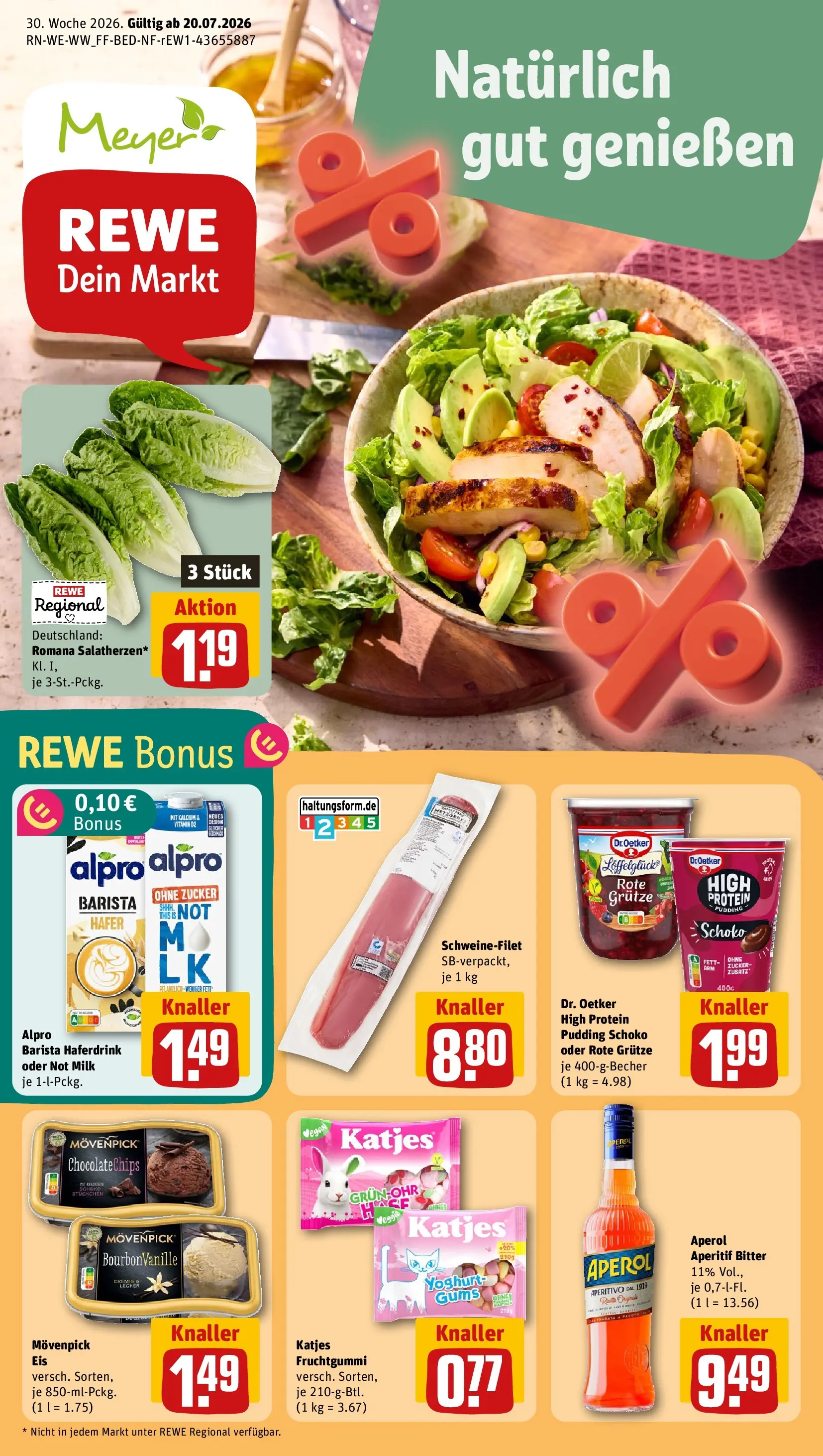 REWE Prospekt ab 20.07.2026 zum Blättern » Angebote | Seite: 1 | Produkte: Haferdrink, Schweinefilet, Alpro, Aperol