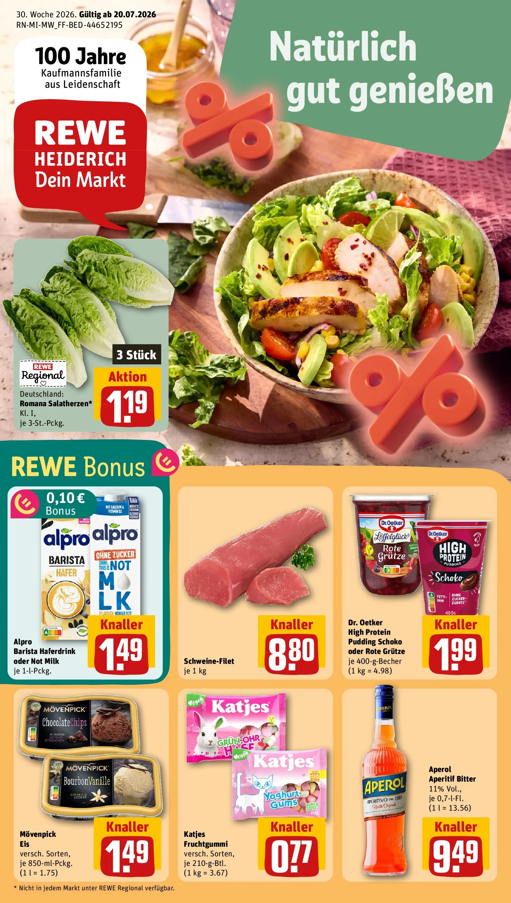 REWE Prospekt ab 20.07.2026 zum Blättern » Angebote | Seite: 1 | Produkte: Pudding, Haferdrink, Schweinefilet, Alpro