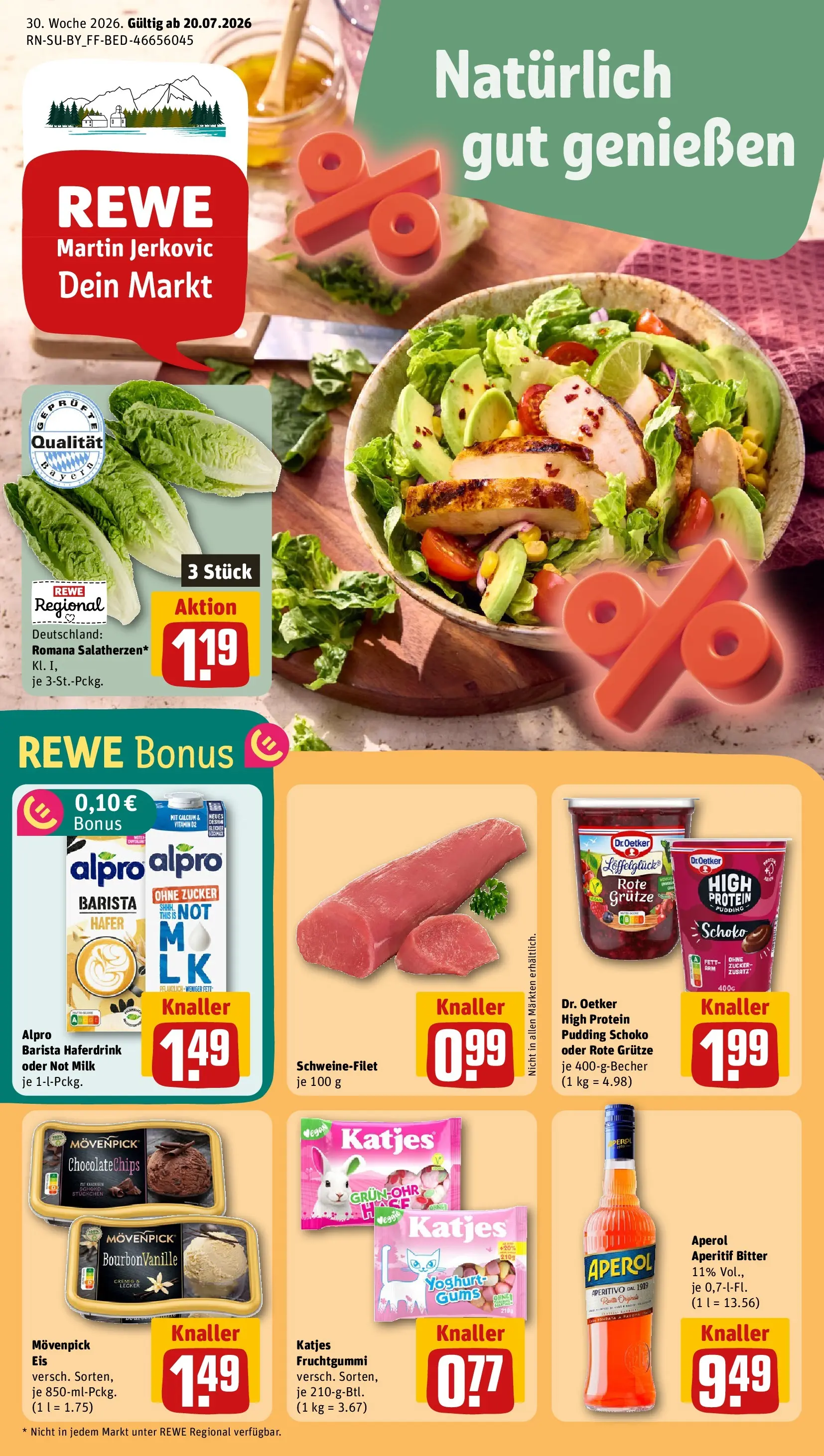 REWE Prospekt ab 20.07.2026 zum Blättern » Angebote | Seite: 1 | Produkte: Katjes, Pudding, Haferdrink, Aperol
