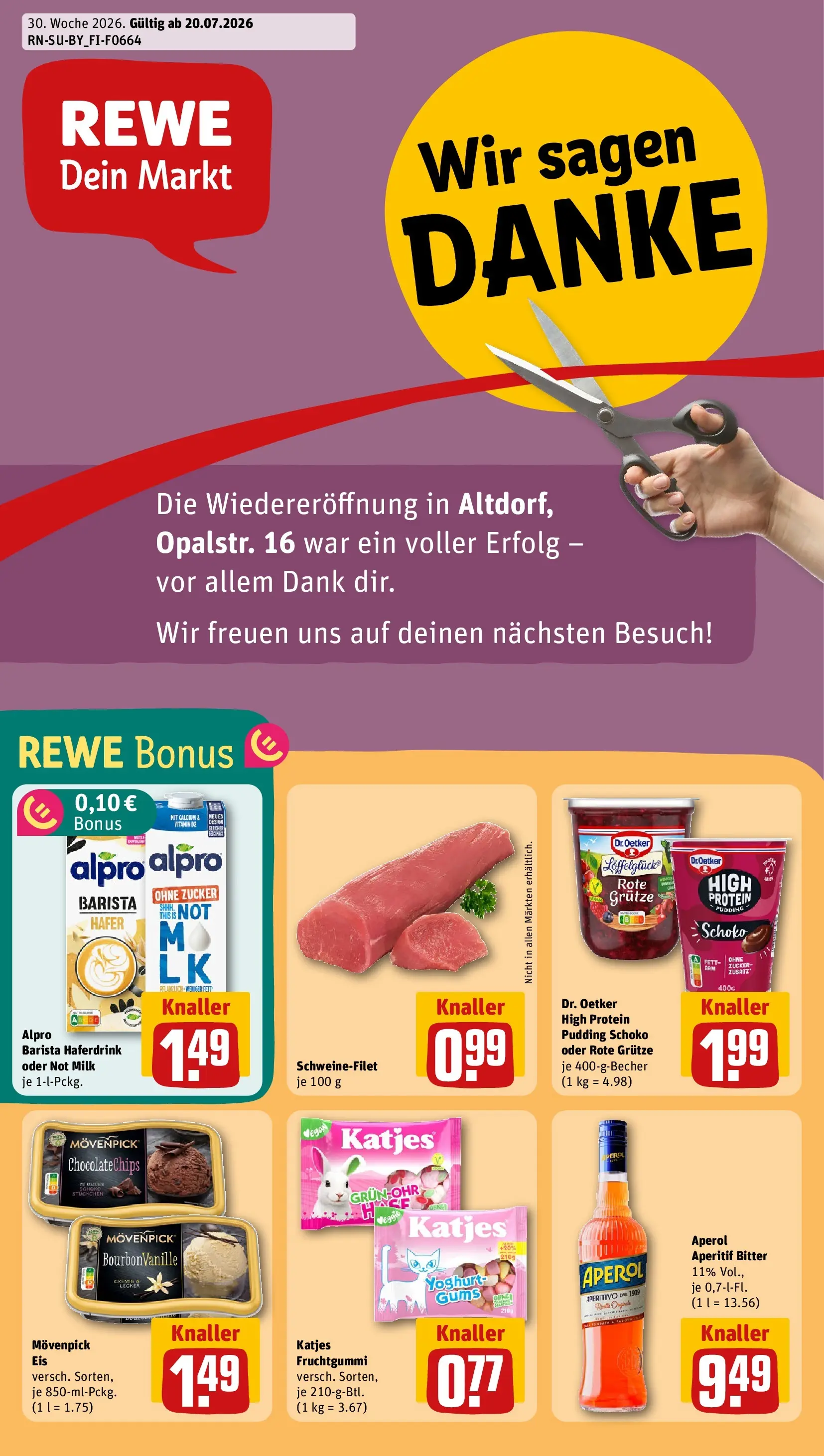 REWE Prospekt ab 20.07.2026 zum Blättern » Angebote | Seite: 1 | Produkte: Katjes, Pudding, Haferdrink, Alpro