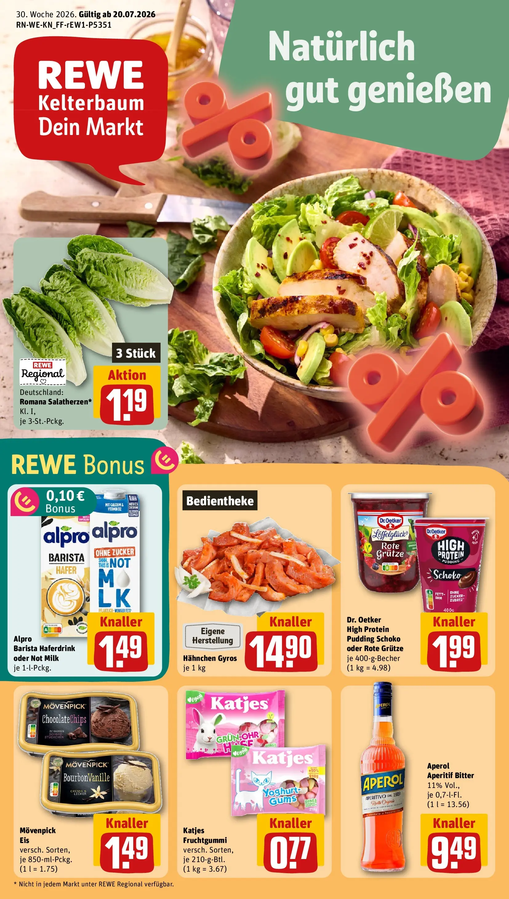 REWE Prospekt ab 20.07.2026 zum Blättern » Angebote | Seite: 1 | Produkte: Hahnchen, Katjes, Alpro, Aperol
