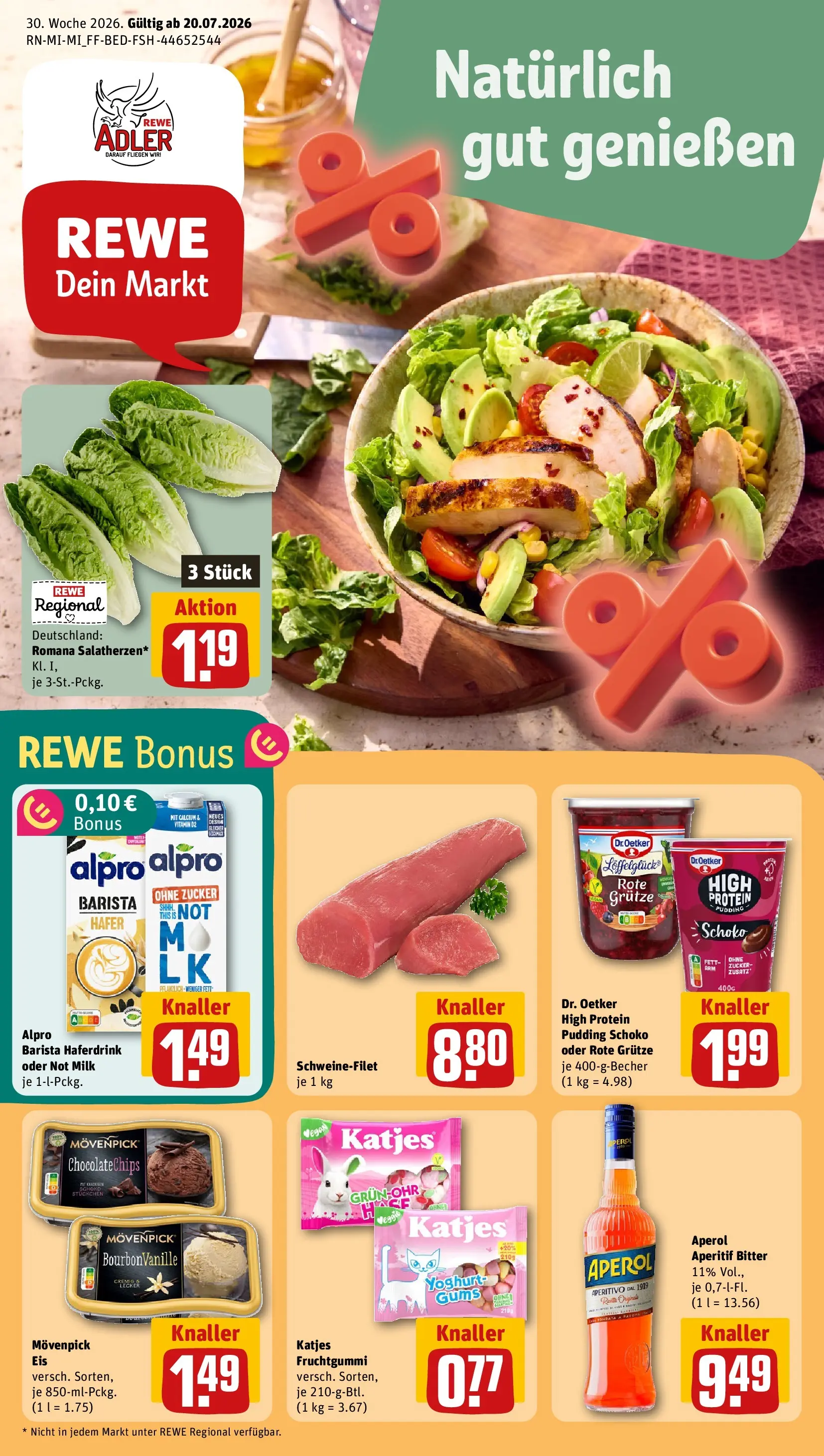 REWE Prospekt ab 20.07.2026 zum Blättern » Angebote | Seite: 1 | Produkte: High protein pudding, Pudding, Haferdrink, Schweinefilet