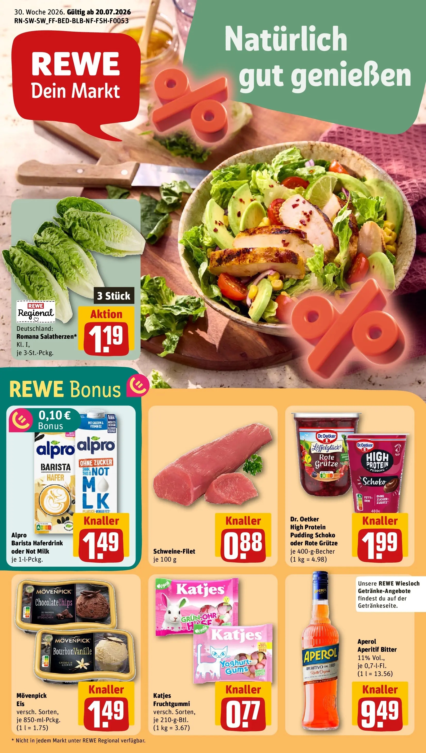 REWE Prospekt ab 20.07.2026 zum Blättern » Angebote | Seite: 1 | Produkte: Katjes, Haferdrink, Schweinefilet, Aperol