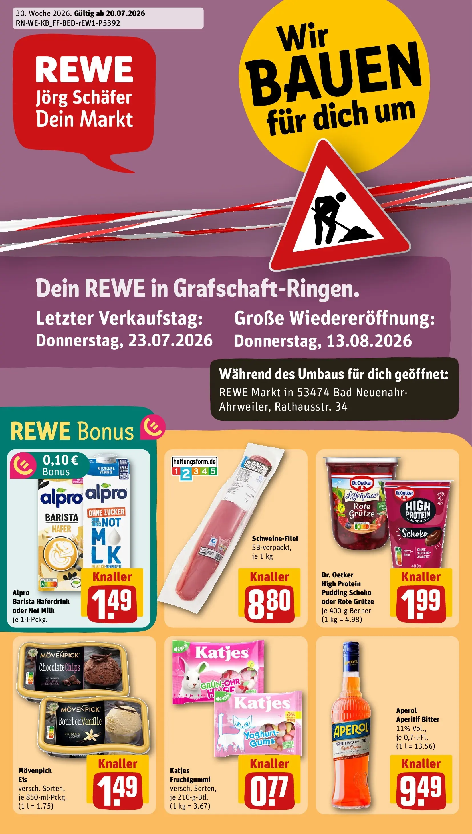 REWE Prospekt ab 20.07.2026 zum Blättern » Angebote | Seite: 1 | Produkte: Katjes, Pudding, Schweinefilet, Aperol