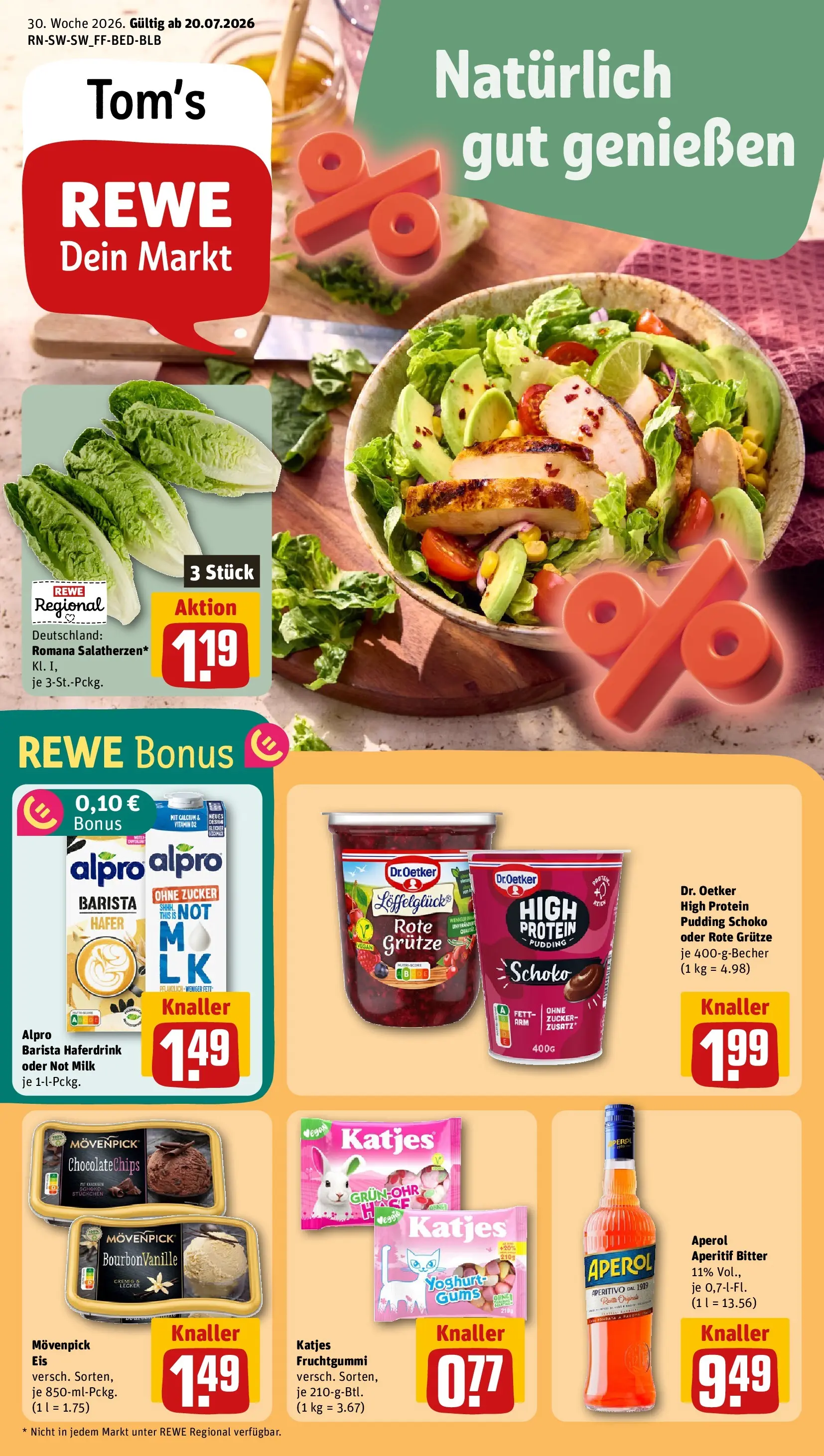 REWE Prospekt ab 20.07.2026 zum Blättern » Angebote | Seite: 1 | Produkte: Haferdrink, Alpro, Zucker, Aperol