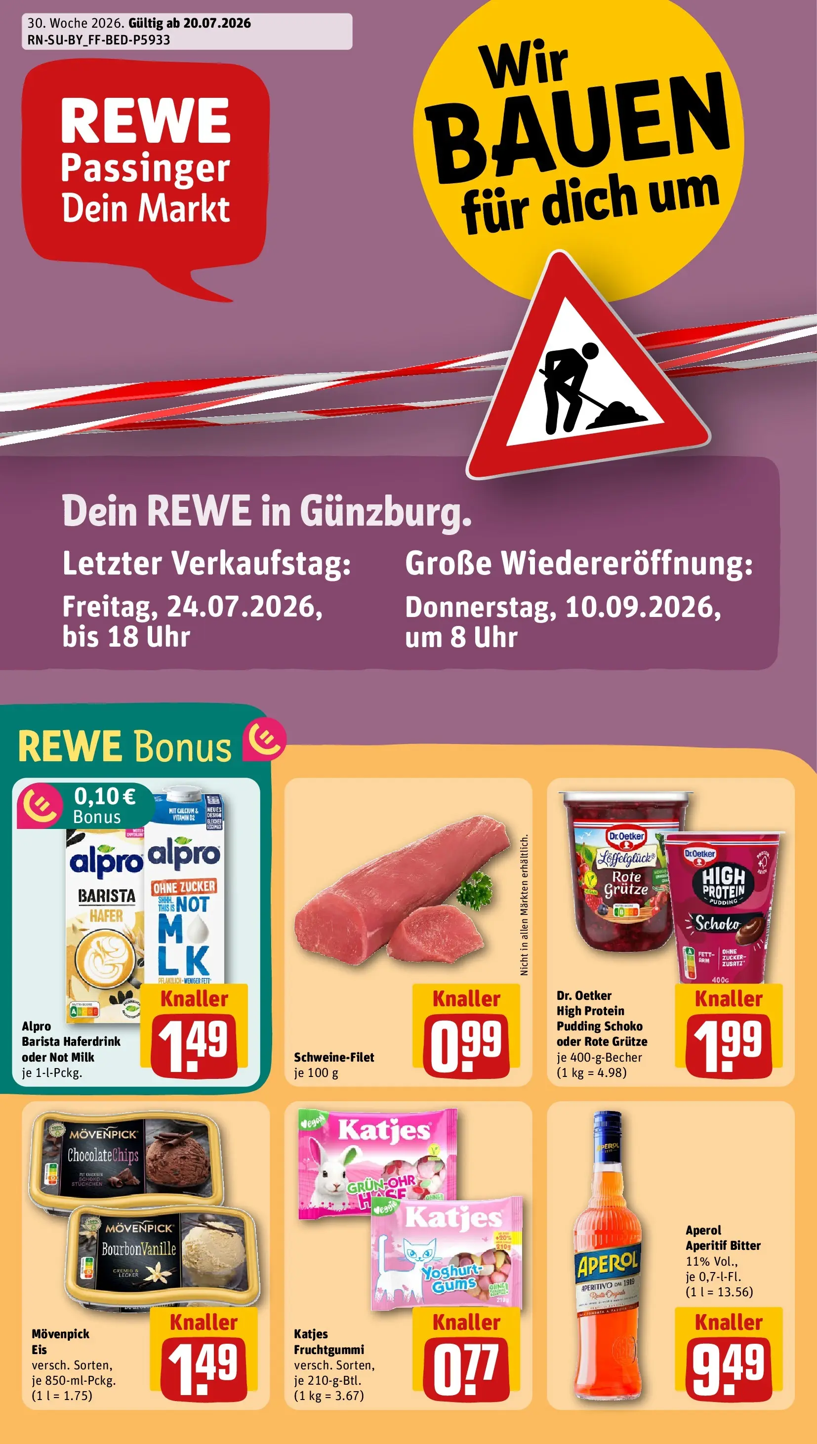 REWE Prospekt ab 20.07.2026 zum Blättern » Angebote | Seite: 1 | Produkte: Haferdrink, Alpro, Zucker, Uhr