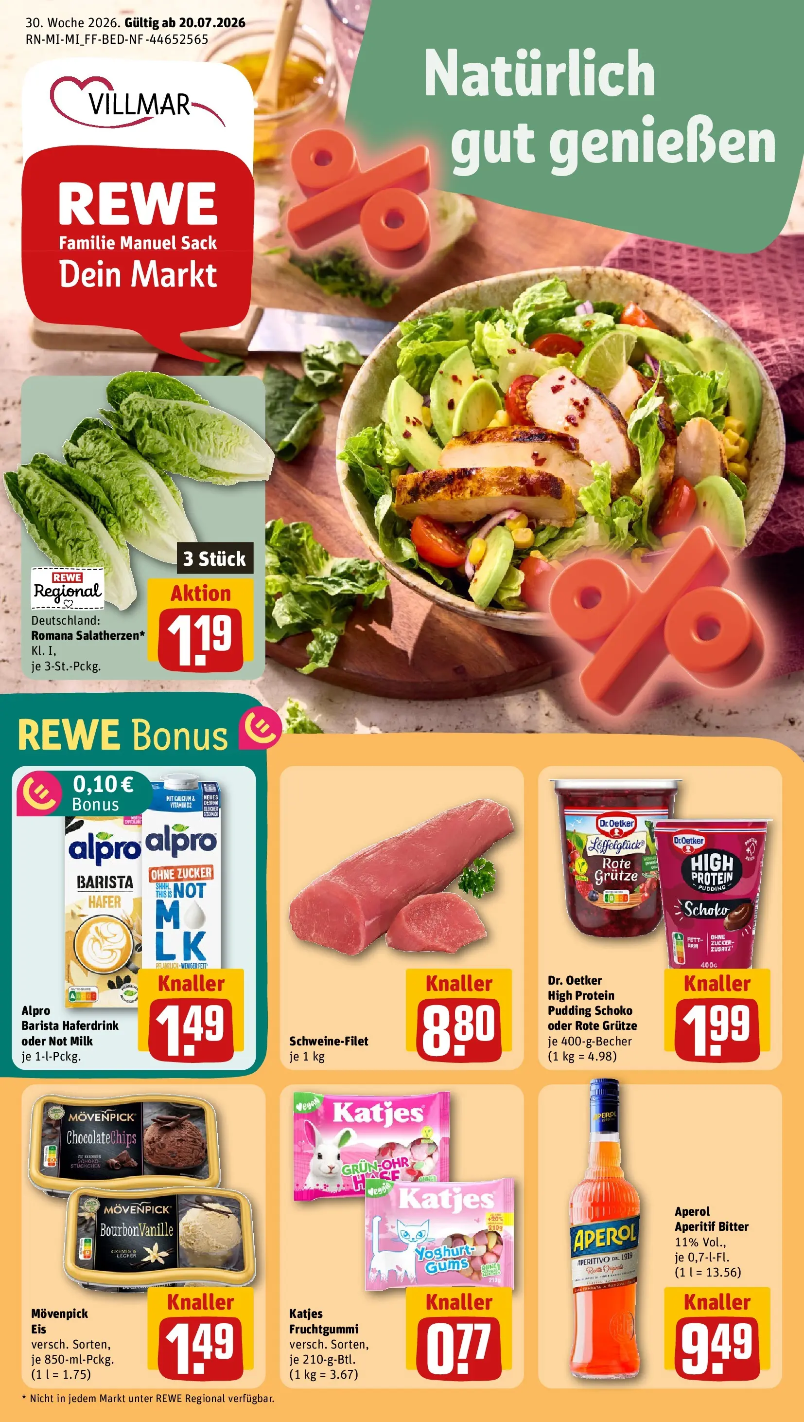 REWE Prospekt ab 20.07.2026 zum Blättern » Angebote | Seite: 1 | Produkte: Pudding, Haferdrink, Schweinefilet, Zucker