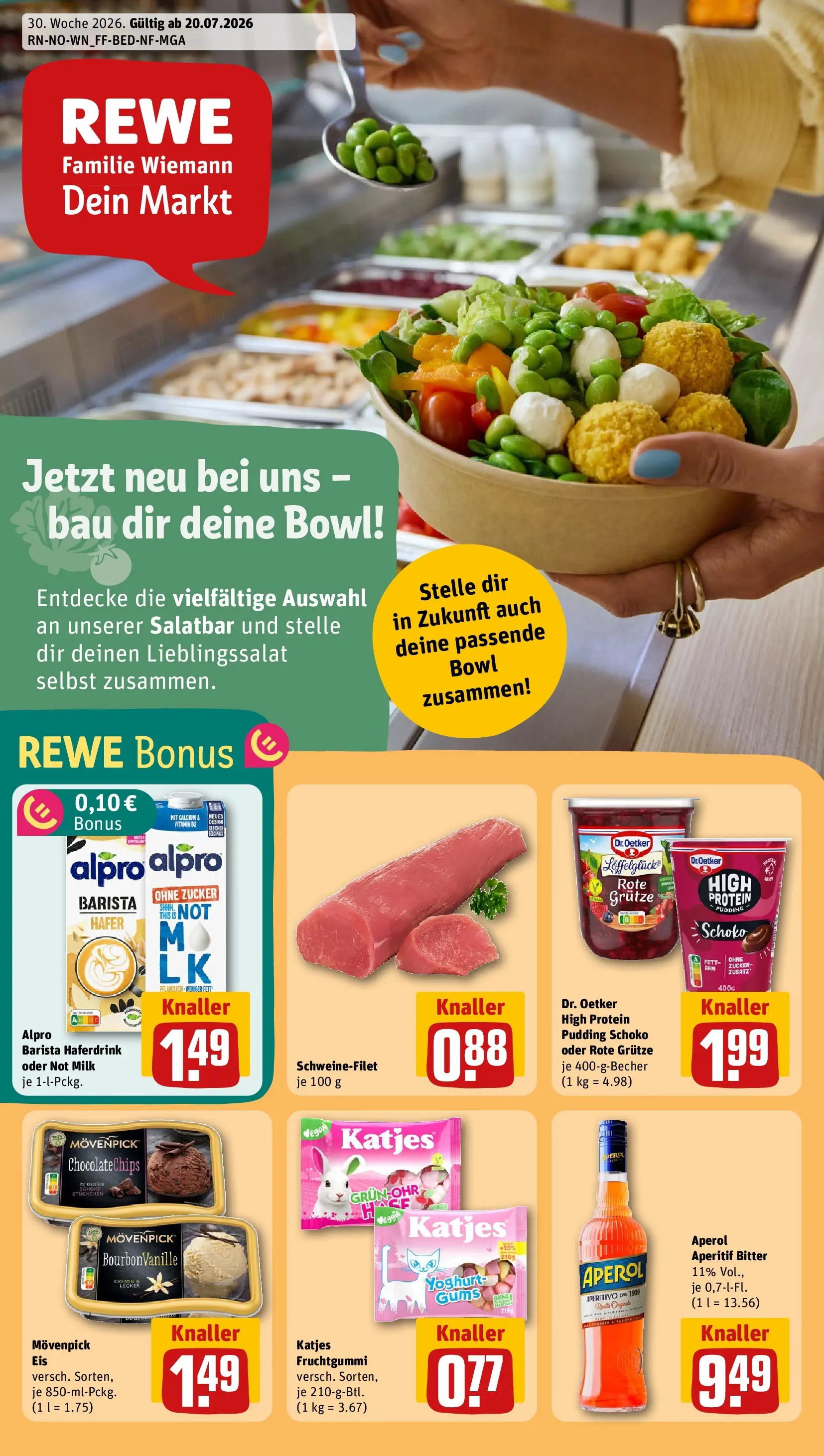 REWE Prospekt ab 20.07.2026 zum Blättern » Angebote | Seite: 1 | Produkte: Pudding, Alpro, Zucker, Aperol