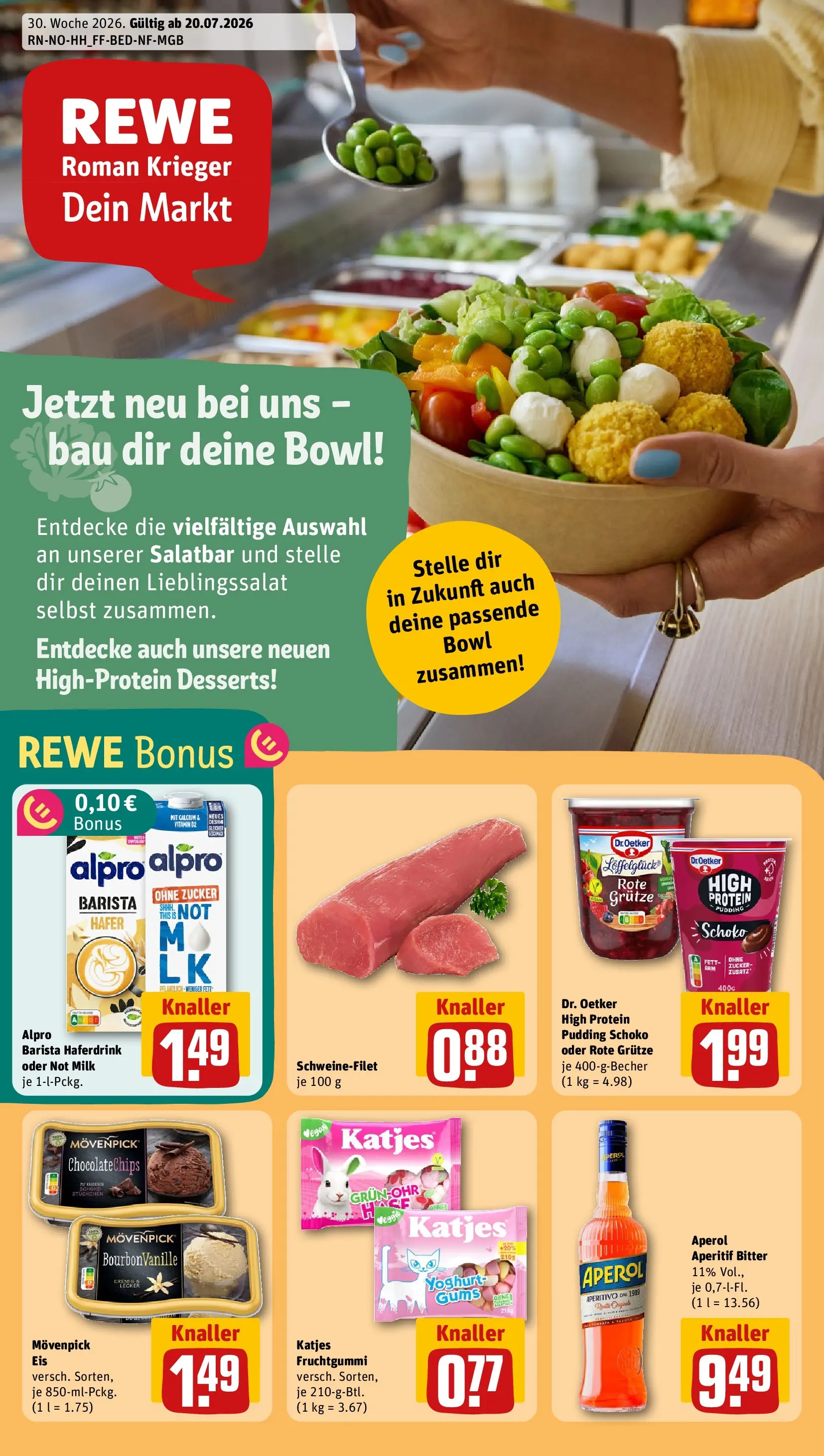 REWE Prospekt ab 20.07.2026 zum Blättern » Angebote | Seite: 1 | Produkte: Haferdrink, Schweinefilet, Zucker, Aperol