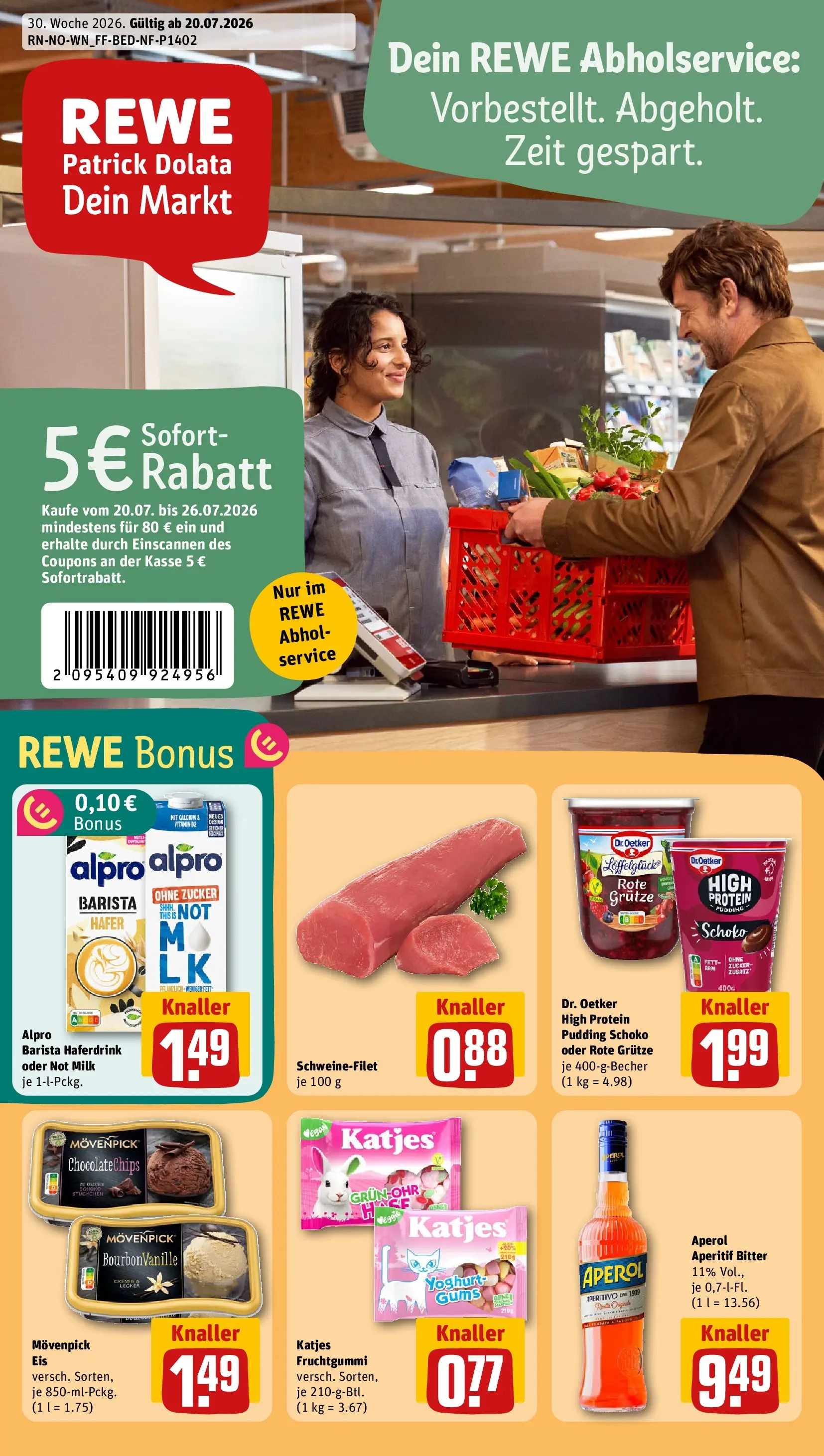 REWE Prospekt ab 20.07.2026 zum Blättern » Angebote | Seite: 1 | Produkte: Katjes, Haferdrink, Zucker, Aperol