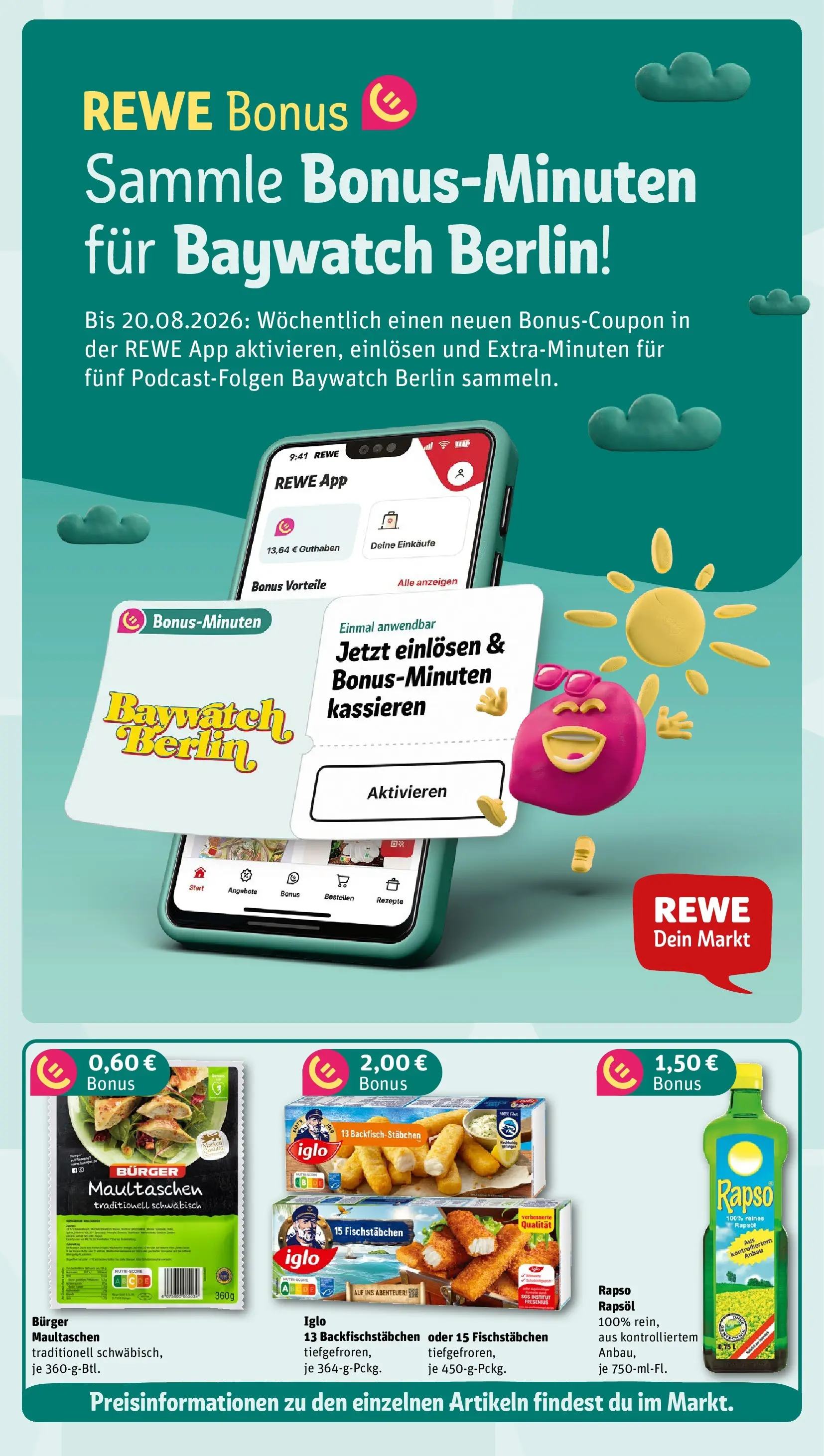 REWE Prospekt ab 20.07.2026 zum Blättern » Angebote | Seite: 3 | Produkte: Rapsöl, Iglo, Burger, Fischstabchen