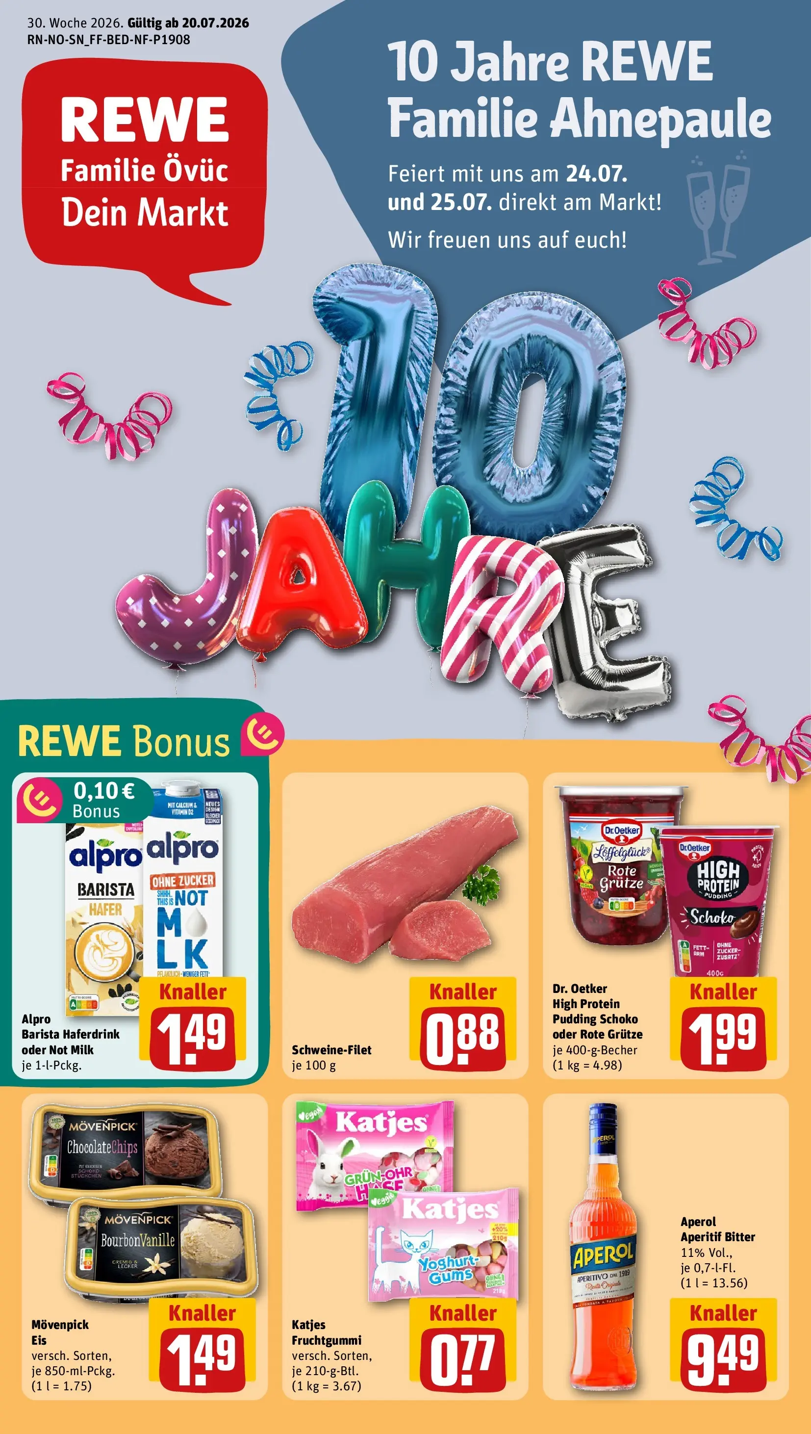 REWE Prospekt ab 20.07.2026 zum Blättern » Angebote | Seite: 1 | Produkte: Katjes, Schweinefilet, Alpro, Zucker
