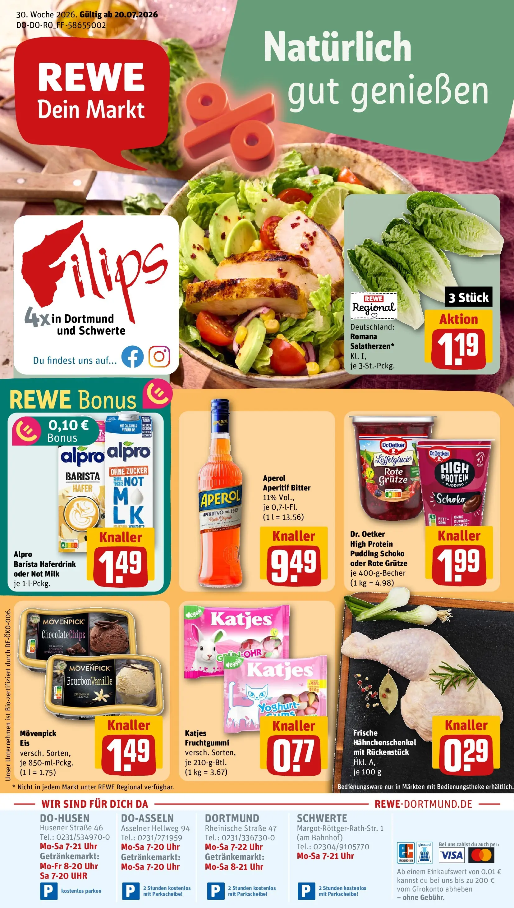 REWE Prospekt ab 20.07.2026 zum Blättern » Angebote | Seite: 1 | Produkte: Hahnchenschenkel, Katjes, Haferdrink, Uhr