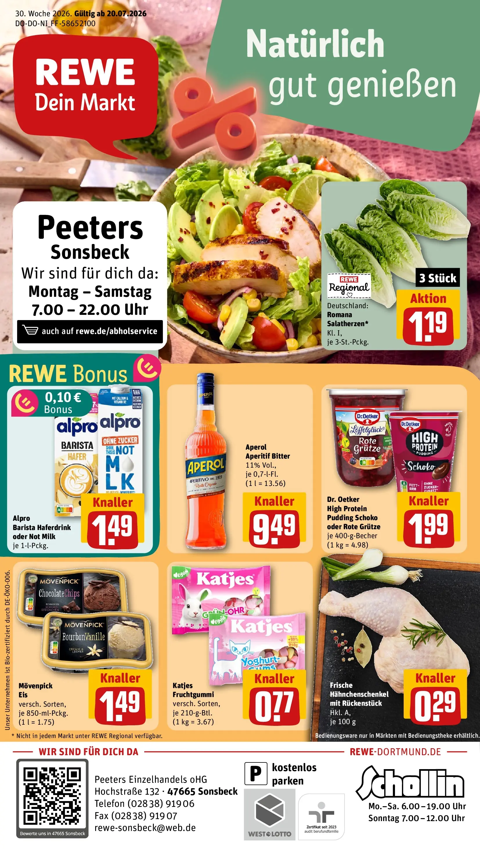 REWE Prospekt ab 20.07.2026 zum Blättern » Angebote | Seite: 1 | Produkte: Katjes, Pudding, Haferdrink, Aperol