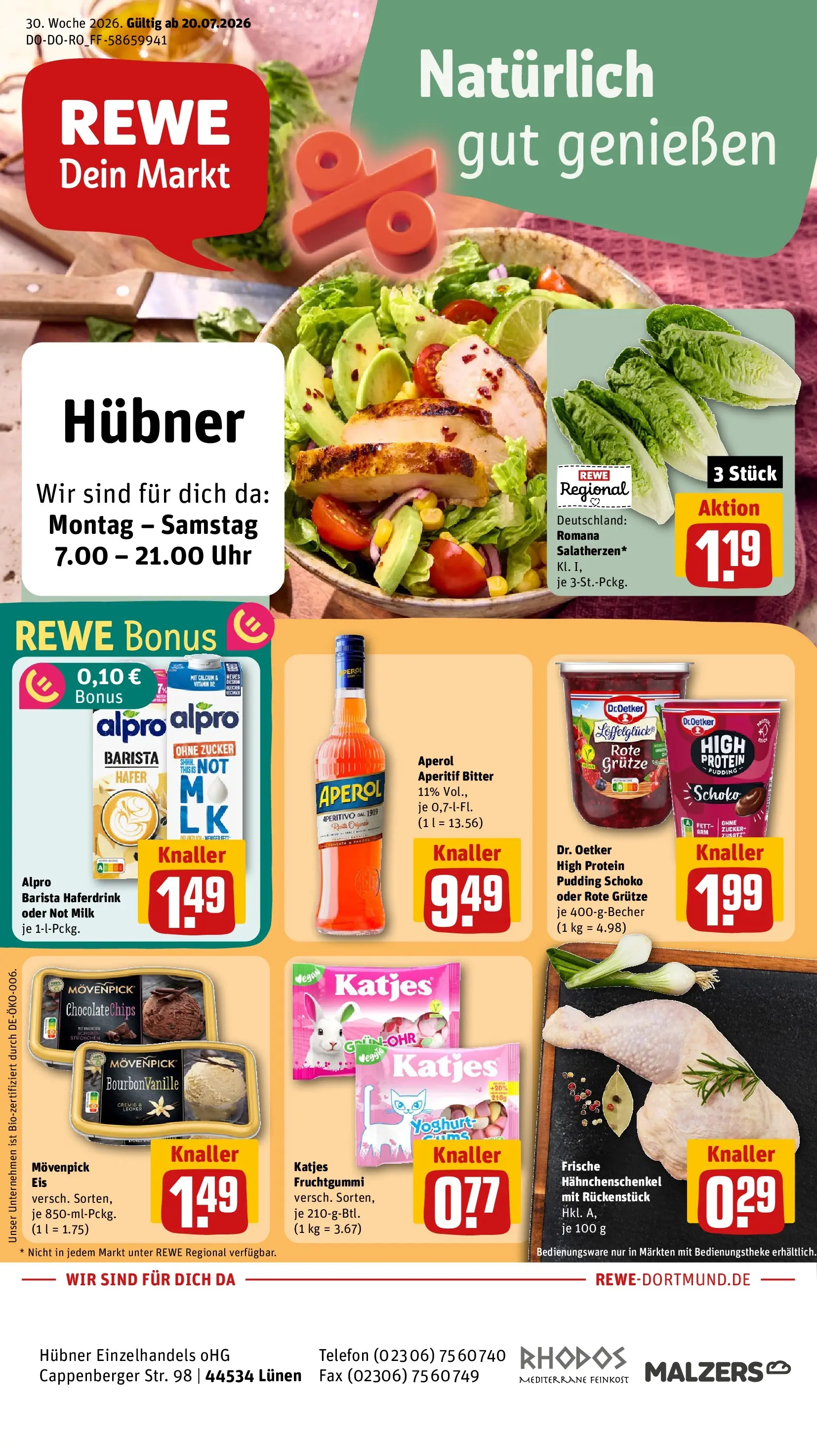 REWE Prospekt ab 20.07.2026 zum Blättern » Angebote | Seite: 1 | Produkte: Hahnchenschenkel, Katjes, Haferdrink, Uhr