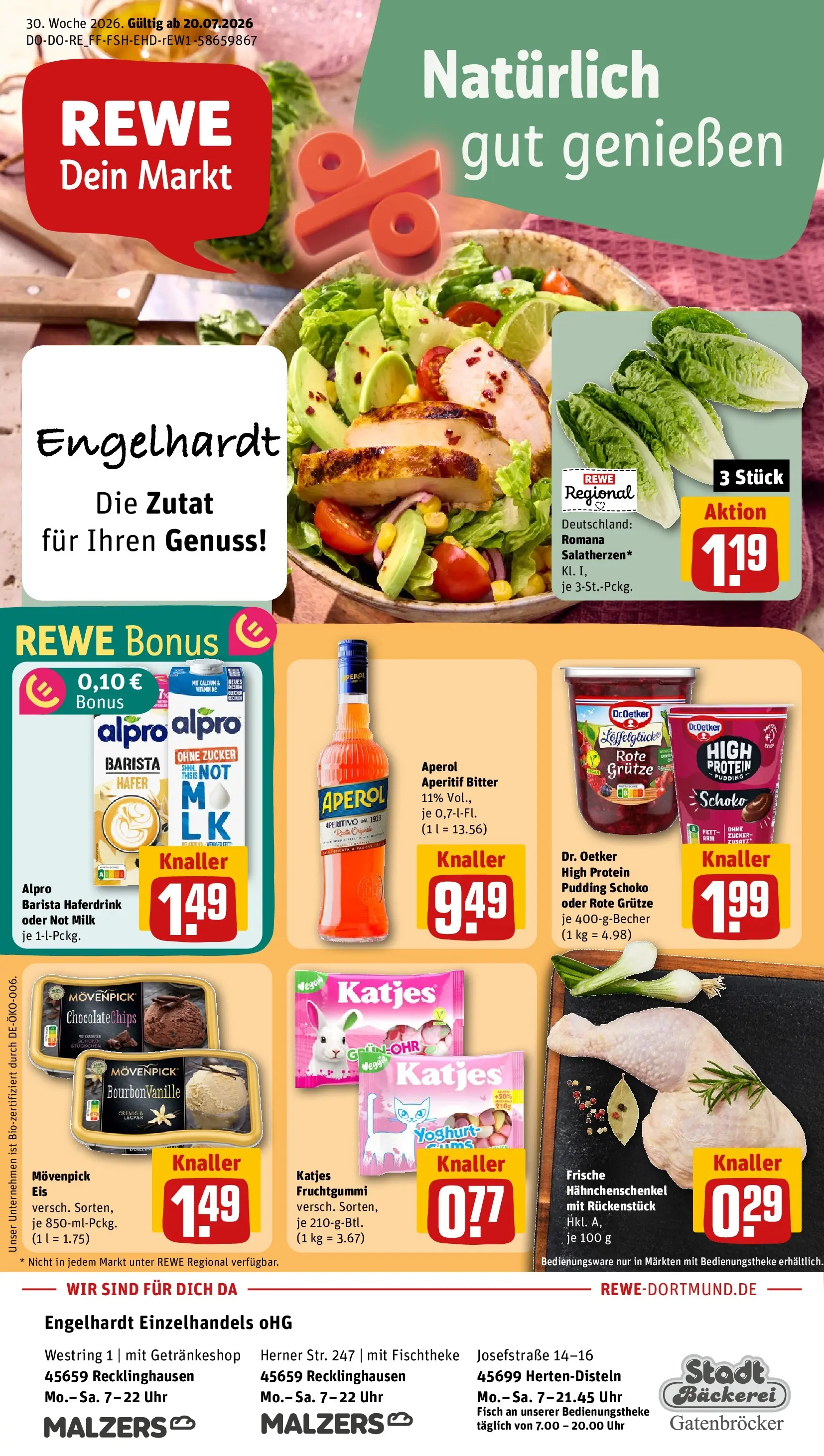 REWE Prospekt ab 20.07.2026 zum Blättern » Angebote | Seite: 1 | Produkte: Bäckerei, Katjes, Haferdrink, Alpro