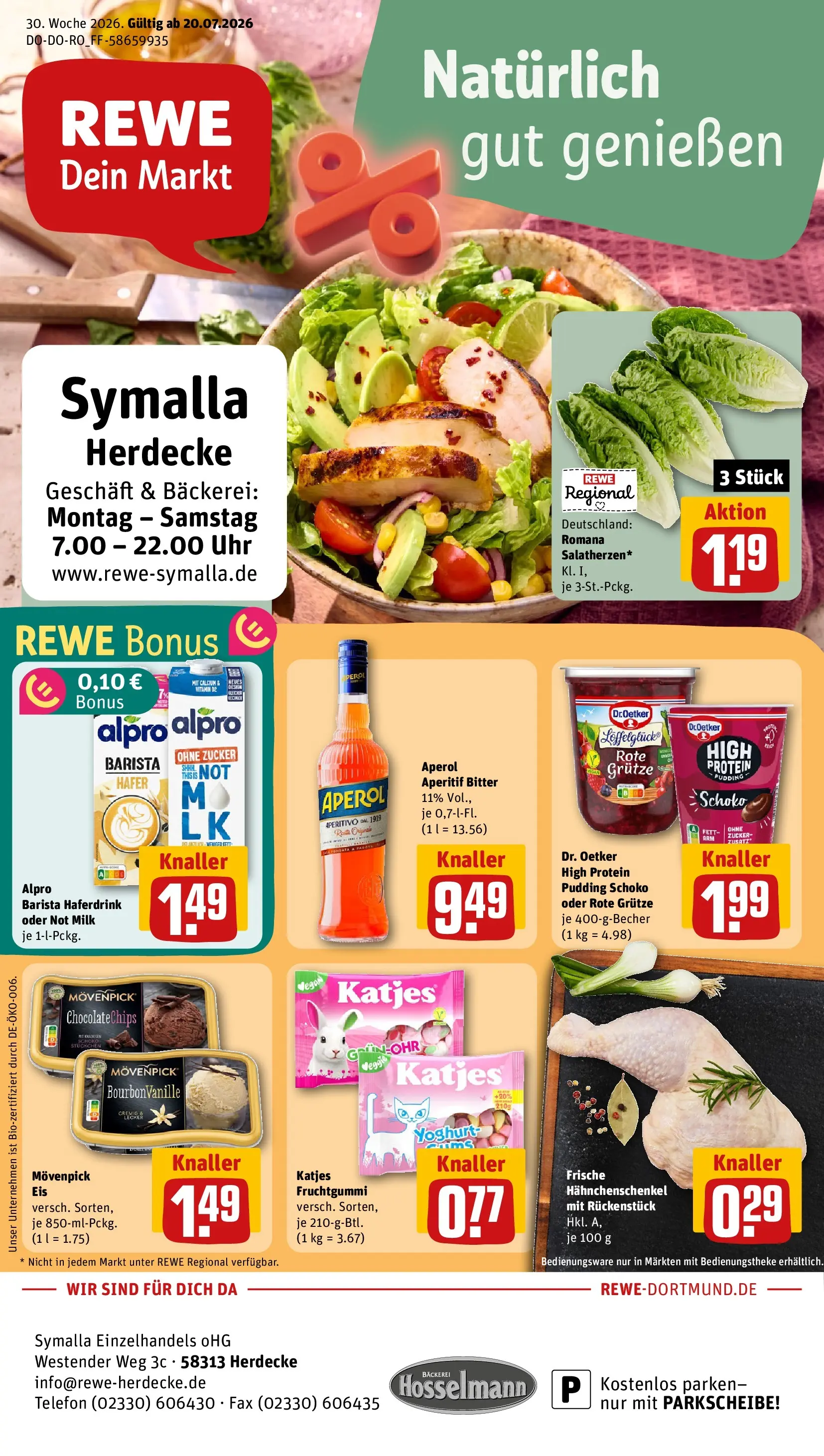 REWE Prospekt ab 20.07.2026 zum Blättern » Angebote | Seite: 1 | Produkte: Hahnchenschenkel, Katjes, Pudding, Haferdrink