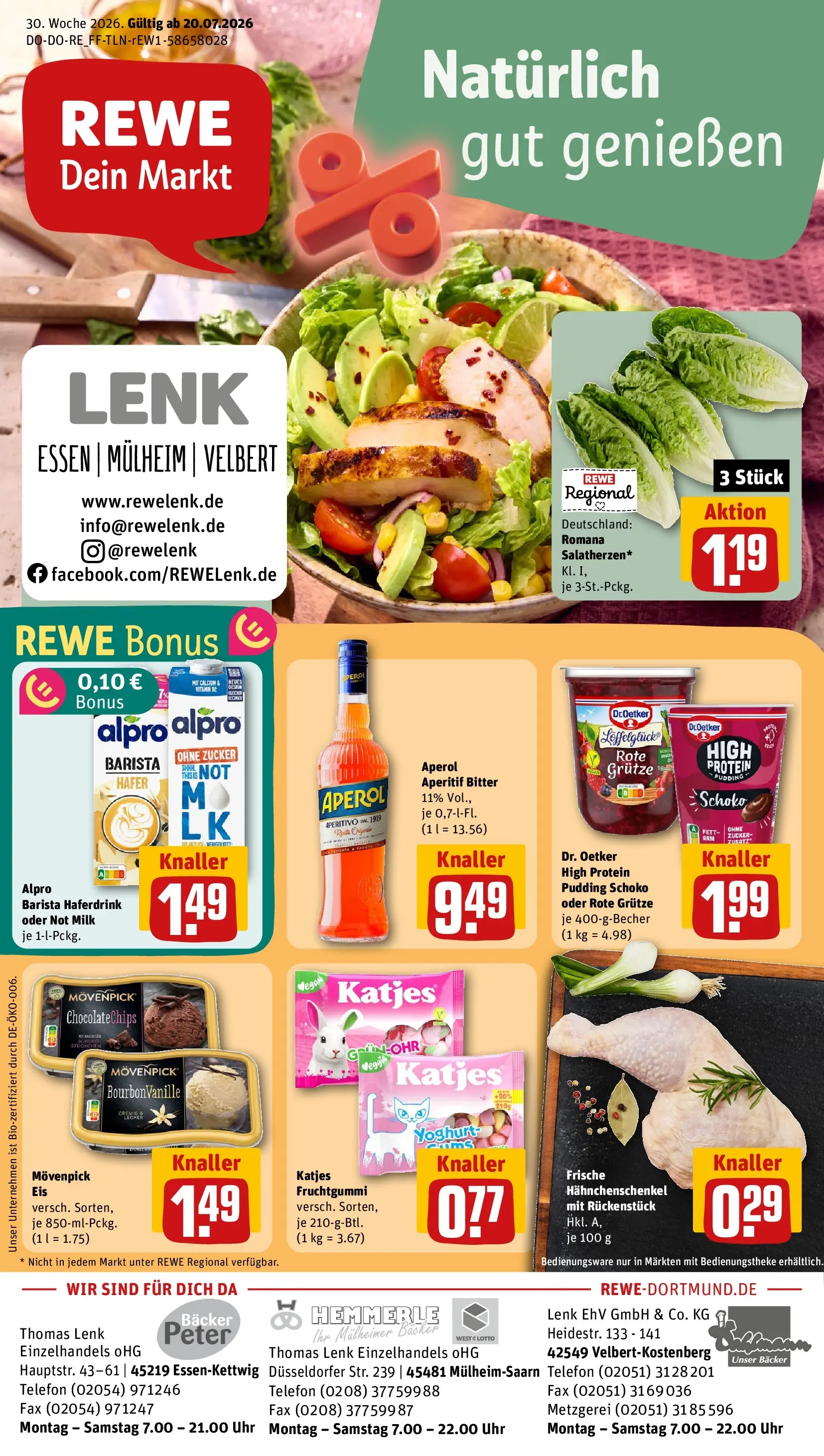 REWE Prospekt ab 20.07.2026 zum Blättern » Angebote | Seite: 1 | Produkte: Alpro, Aperol, Telefon, Uhr