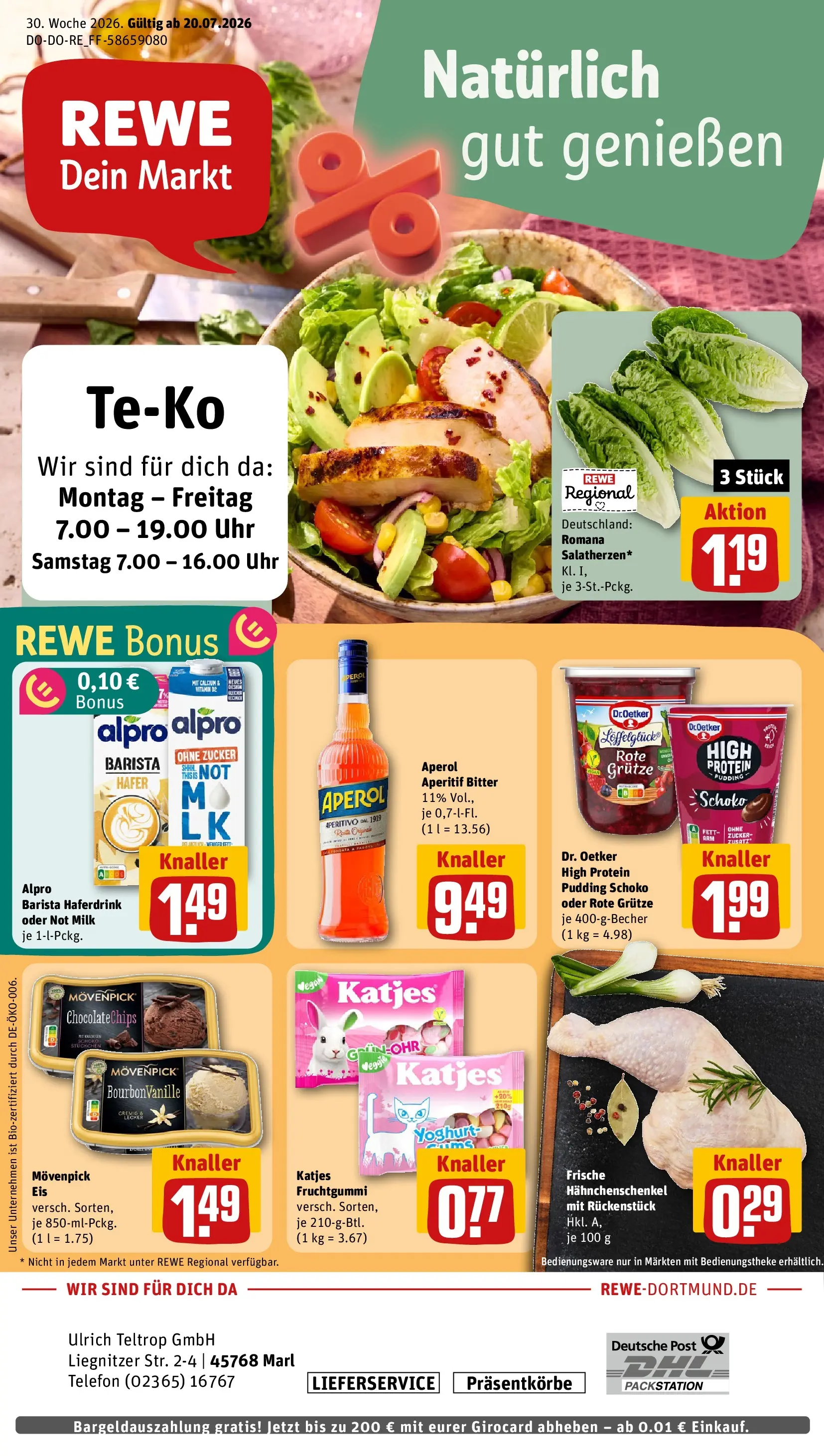 REWE Prospekt ab 20.07.2026 zum Blättern » Angebote | Seite: 1 | Produkte: Pudding, Zucker, Aperol, Telefon