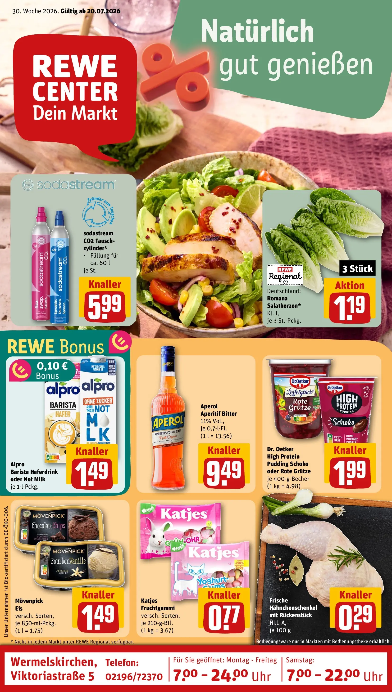 REWE Prospekt ab 20.07.2026 zum Blättern » Angebote | Seite: 1 | Produkte: Alpro, Zucker, Telefon, Sodastream