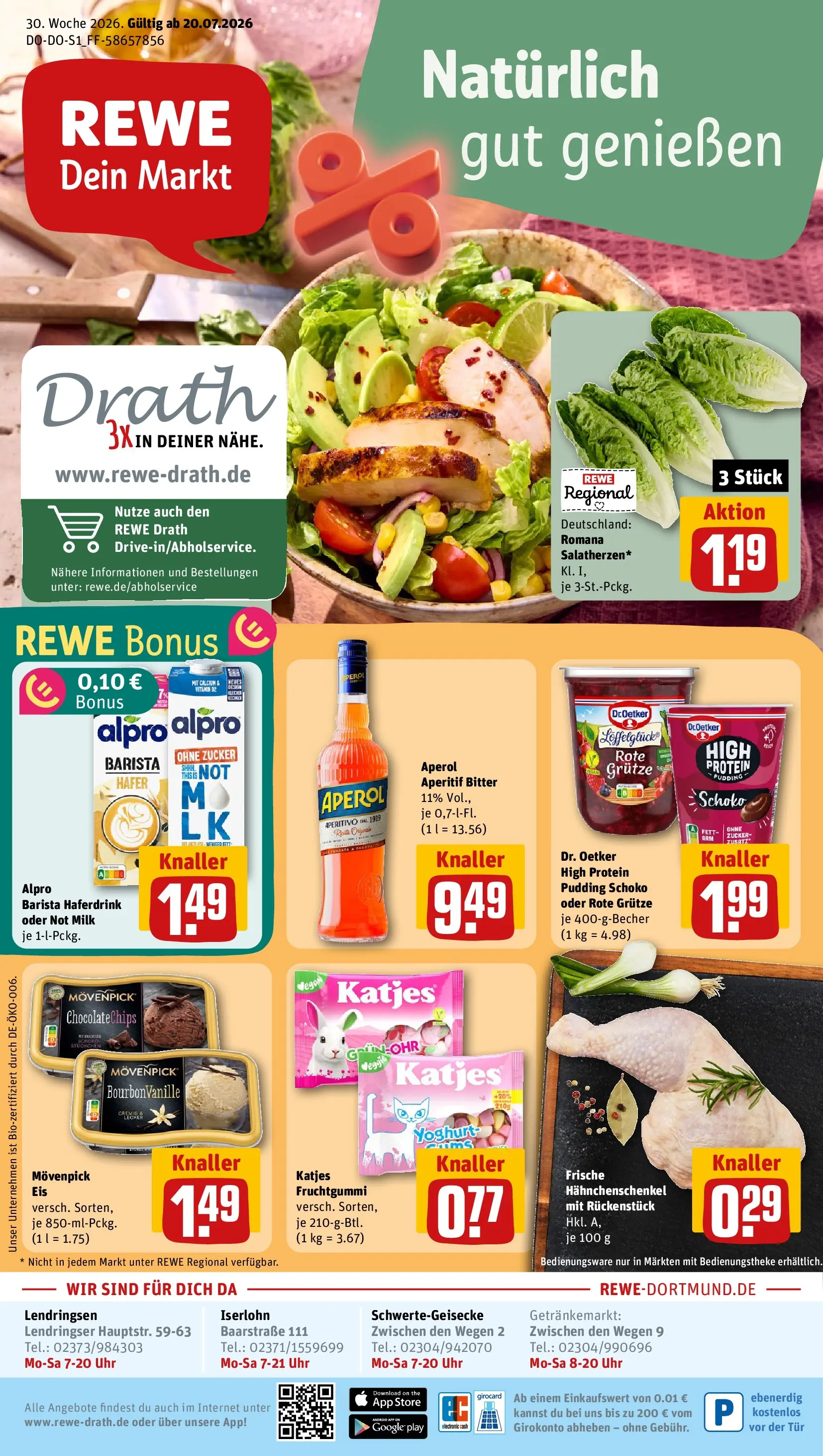 REWE Prospekt ab 20.07.2026 zum Blättern » Angebote | Seite: 1 | Produkte: Hahnchenschenkel, Alpro, Zucker, Uhr