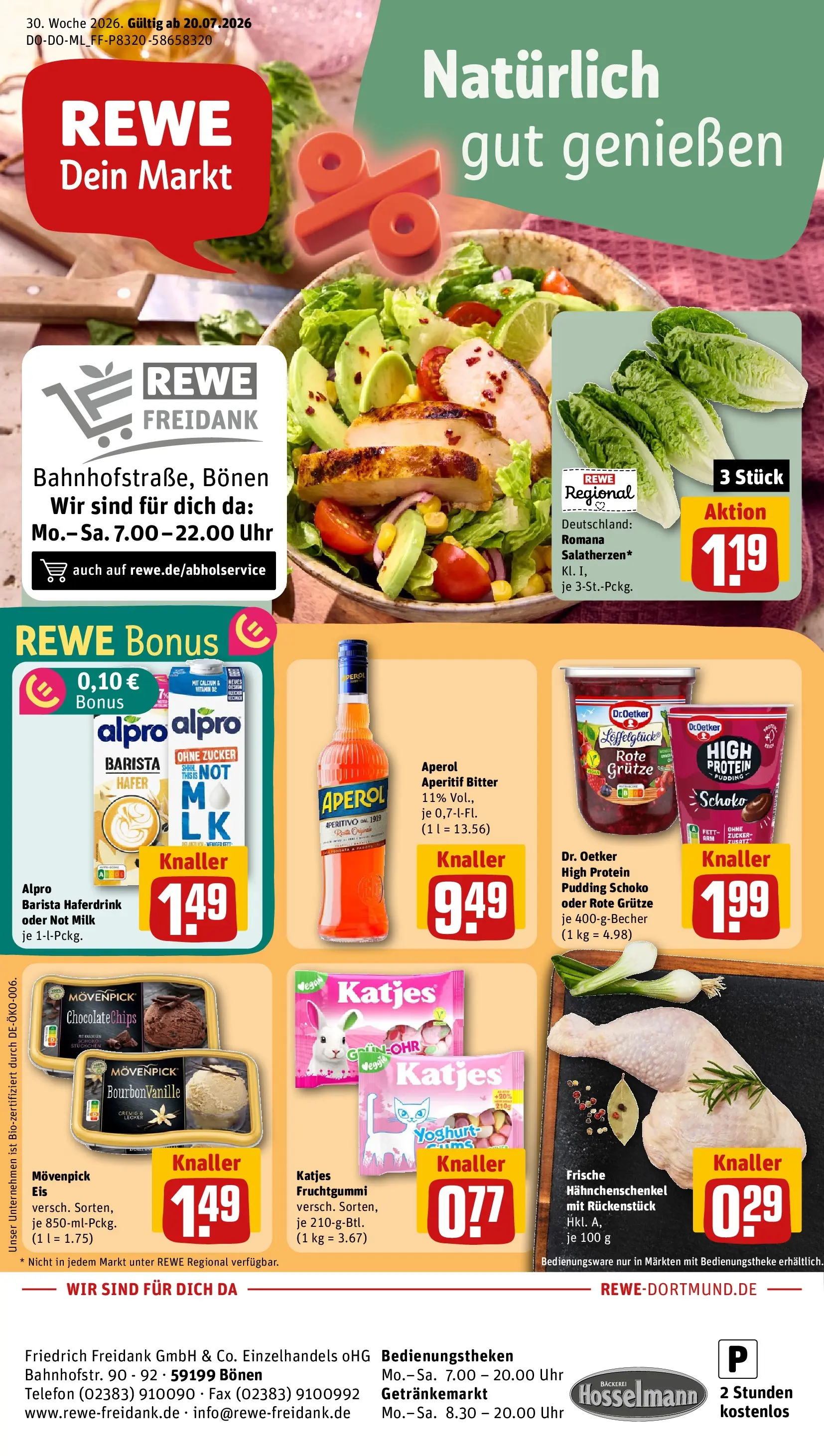 REWE Prospekt ab 20.07.2026 zum Blättern » Angebote | Seite: 1 | Produkte: Hahnchenschenkel, Haferdrink, Aperol, Uhr