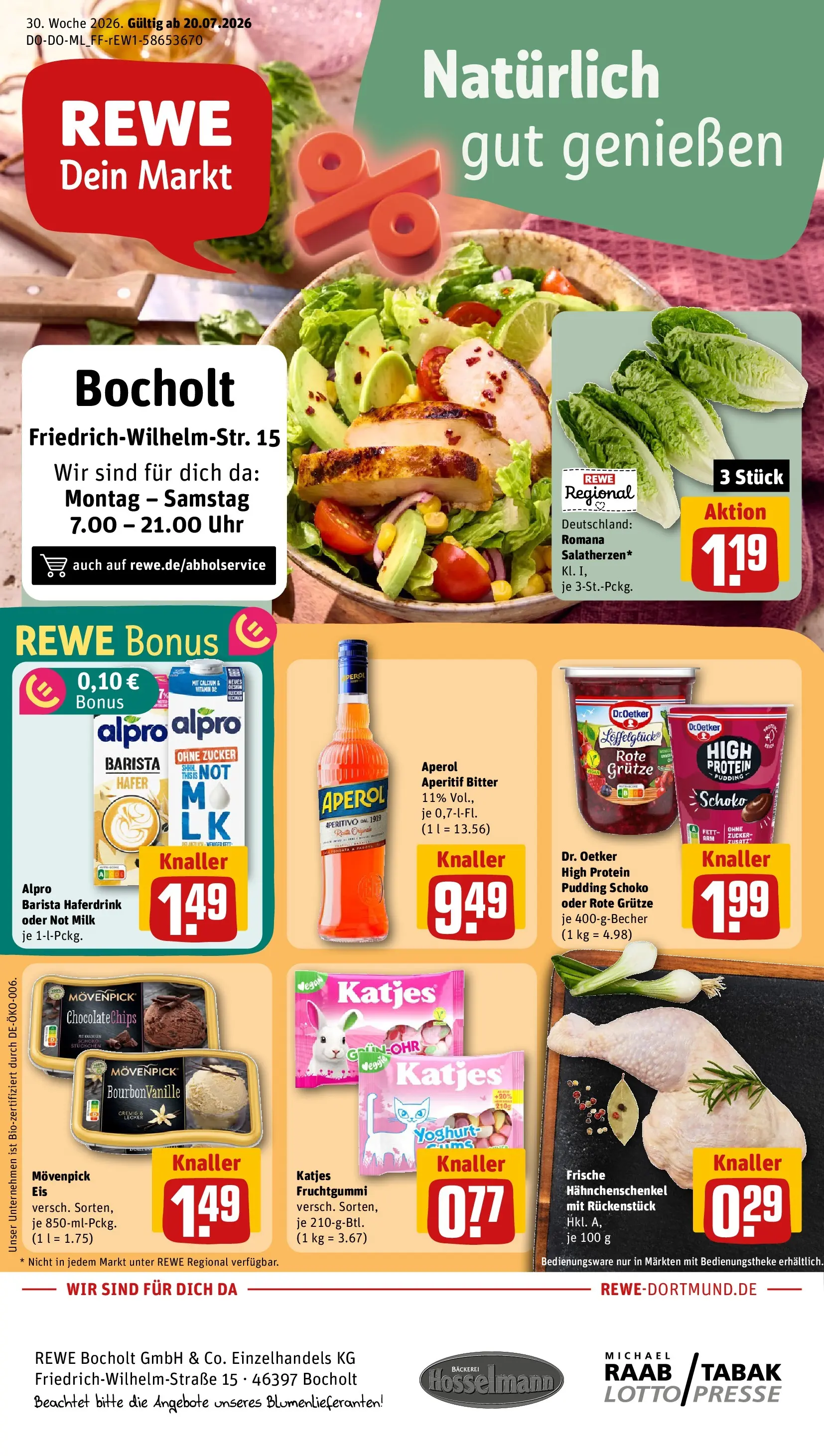 REWE Prospekt ab 20.07.2026 zum Blättern » Angebote | Seite: 1 | Produkte: High protein pudding, Katjes, Alpro, Uhr