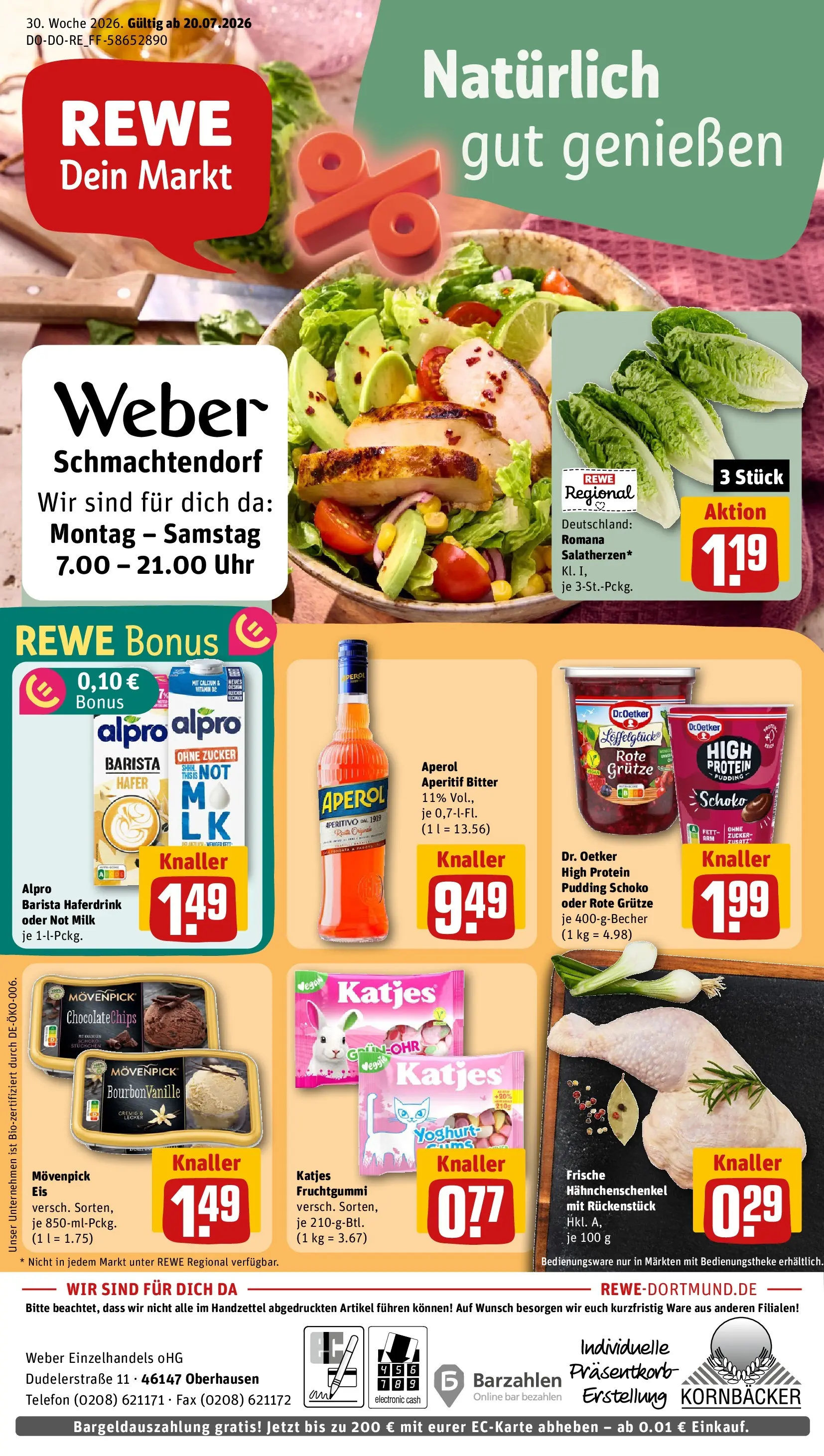 REWE Prospekt ab 20.07.2026 zum Blättern » Angebote | Seite: 1 | Produkte: Alpro, Zucker, Aperol, Uhr