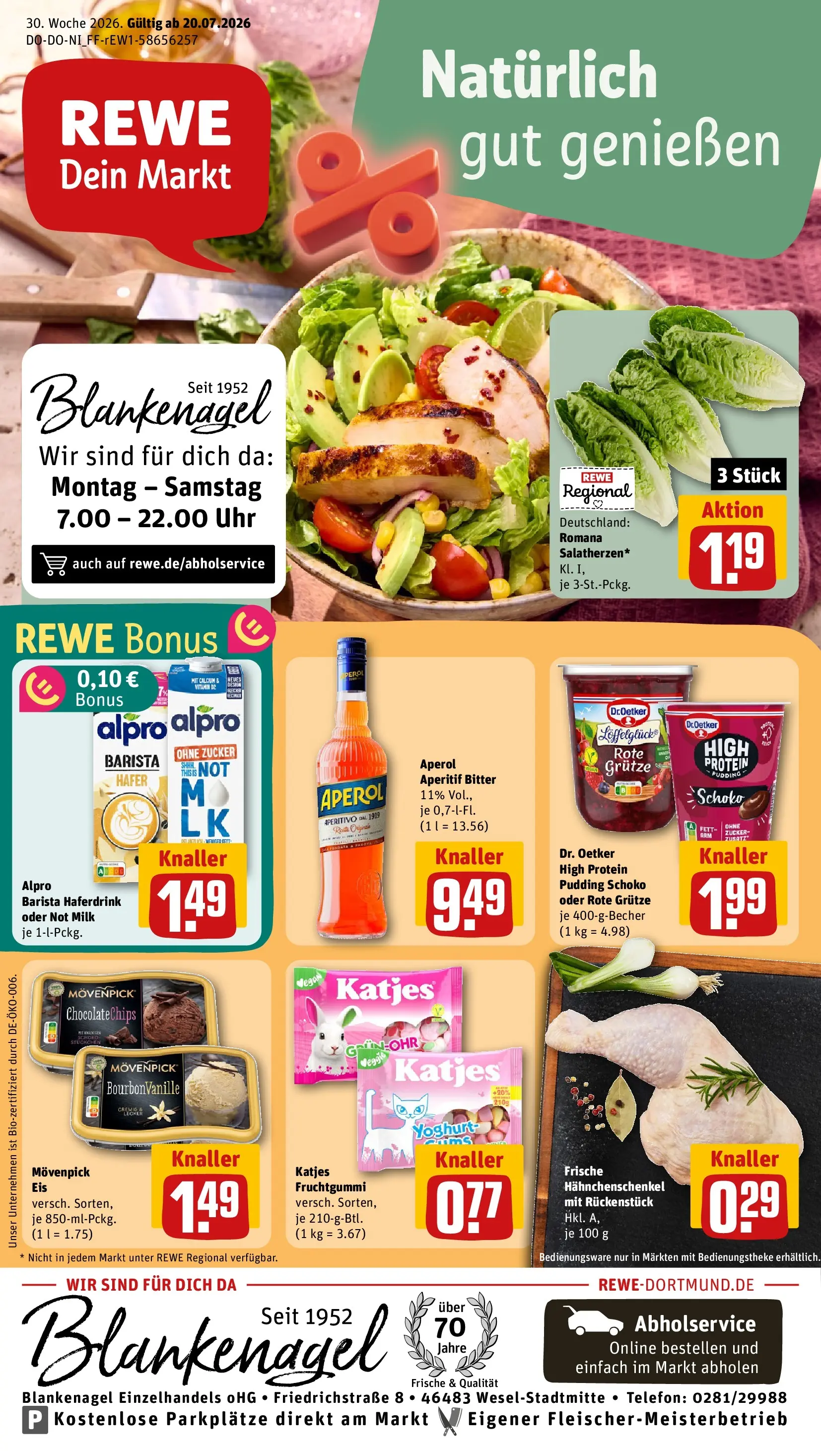 REWE Prospekt ab 20.07.2026 zum Blättern » Angebote | Seite: 1 | Produkte: Pudding, Haferdrink, Aperol, Uhr