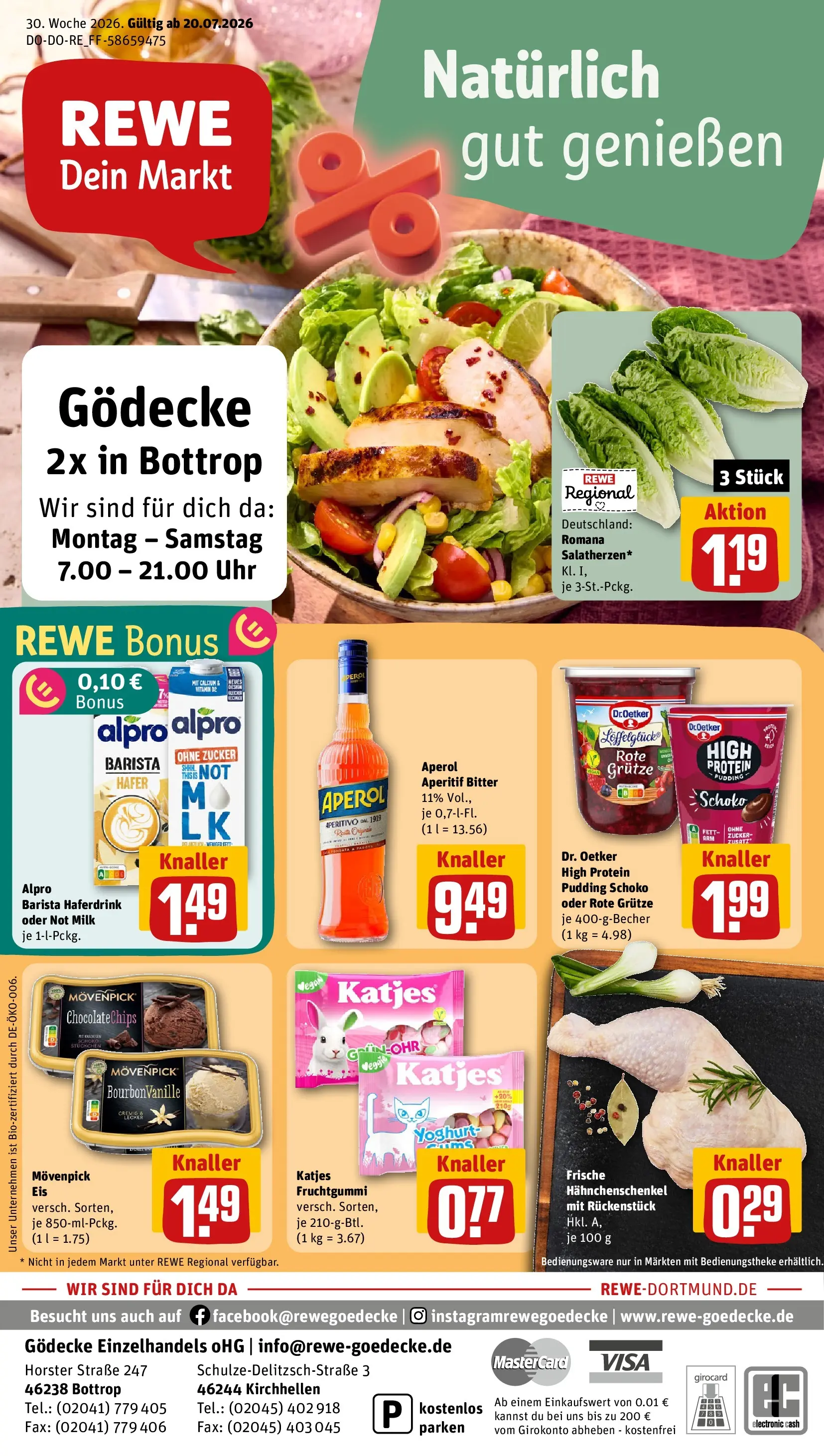 REWE Prospekt ab 20.07.2026 zum Blättern » Angebote | Seite: 1 | Produkte: Hahnchenschenkel, Alpro, Aperol, Uhr