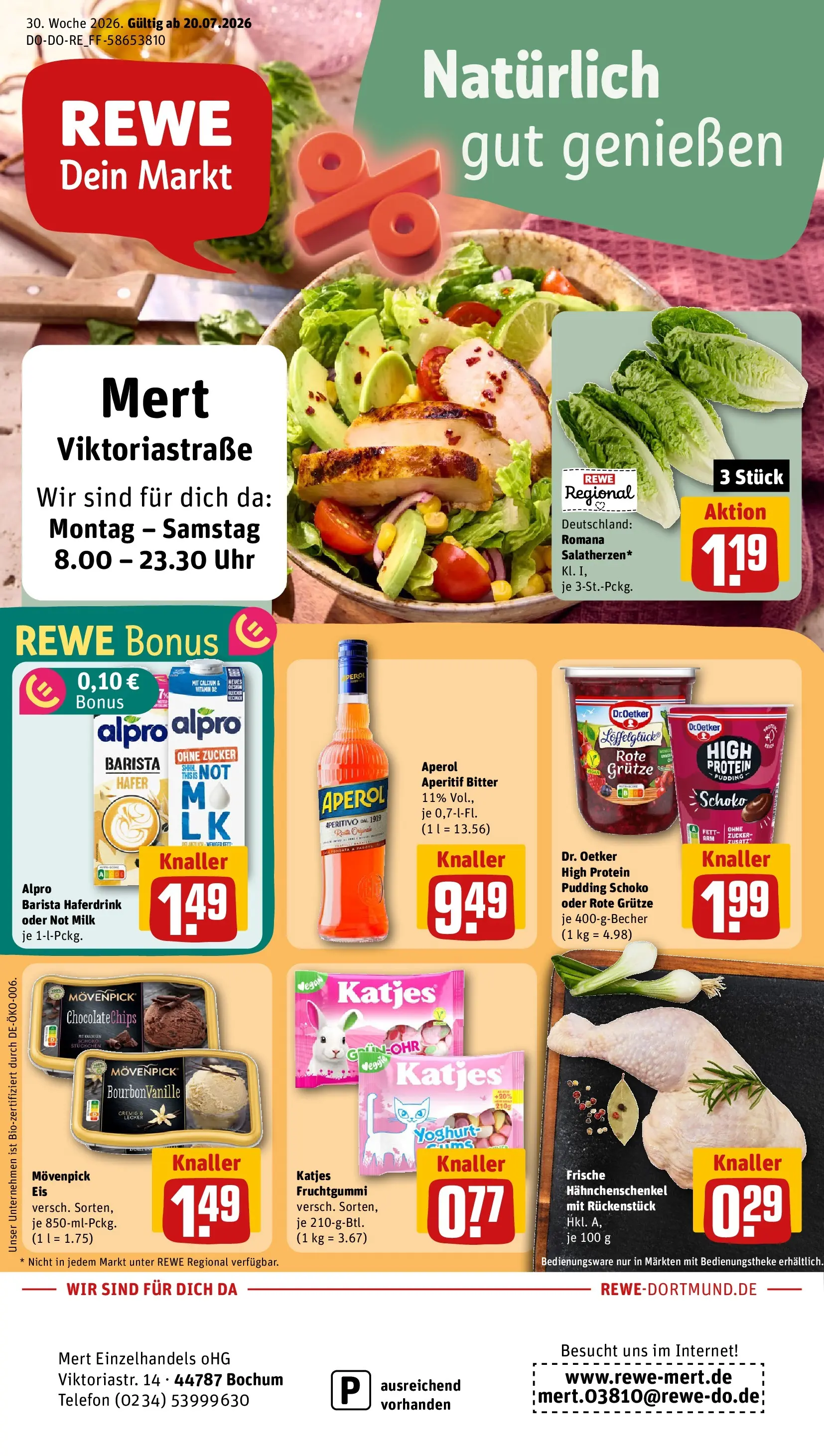 REWE Prospekt ab 20.07.2026 zum Blättern » Angebote | Seite: 1 | Produkte: Katjes, Pudding, Haferdrink, Uhr