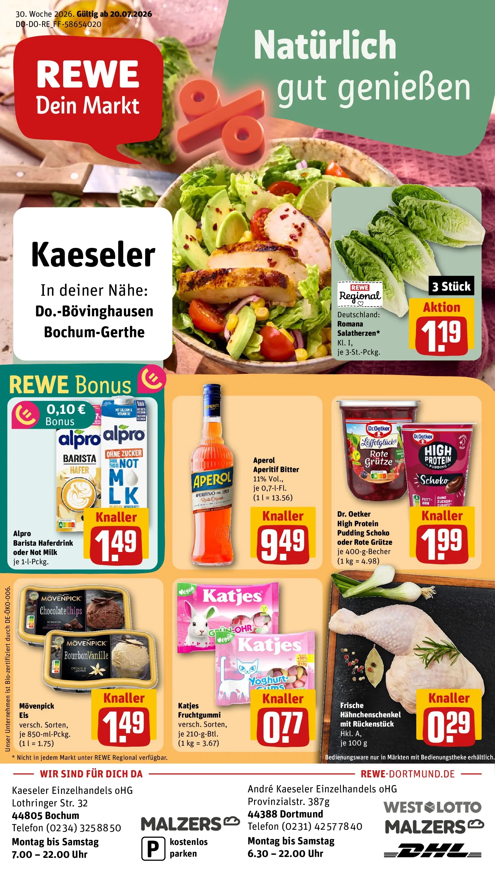 REWE Prospekt ab 20.07.2026 zum Blättern » Angebote | Seite: 1 | Produkte: Hahnchenschenkel, Pudding, Aperol, Telefon