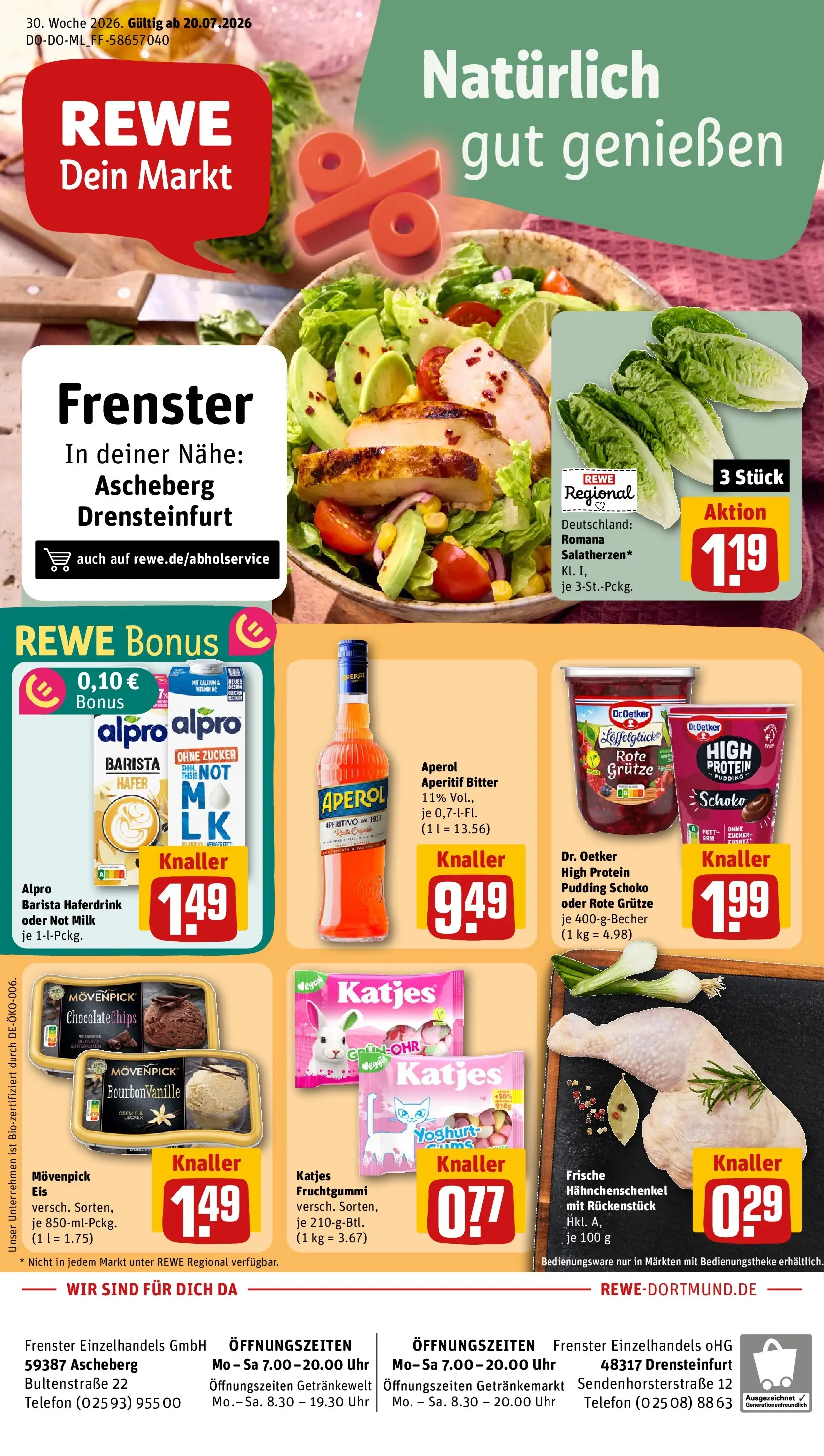 REWE Prospekt ab 20.07.2026 zum Blättern » Angebote | Seite: 1 | Produkte: Alpro, Aperol, Telefon, Uhr